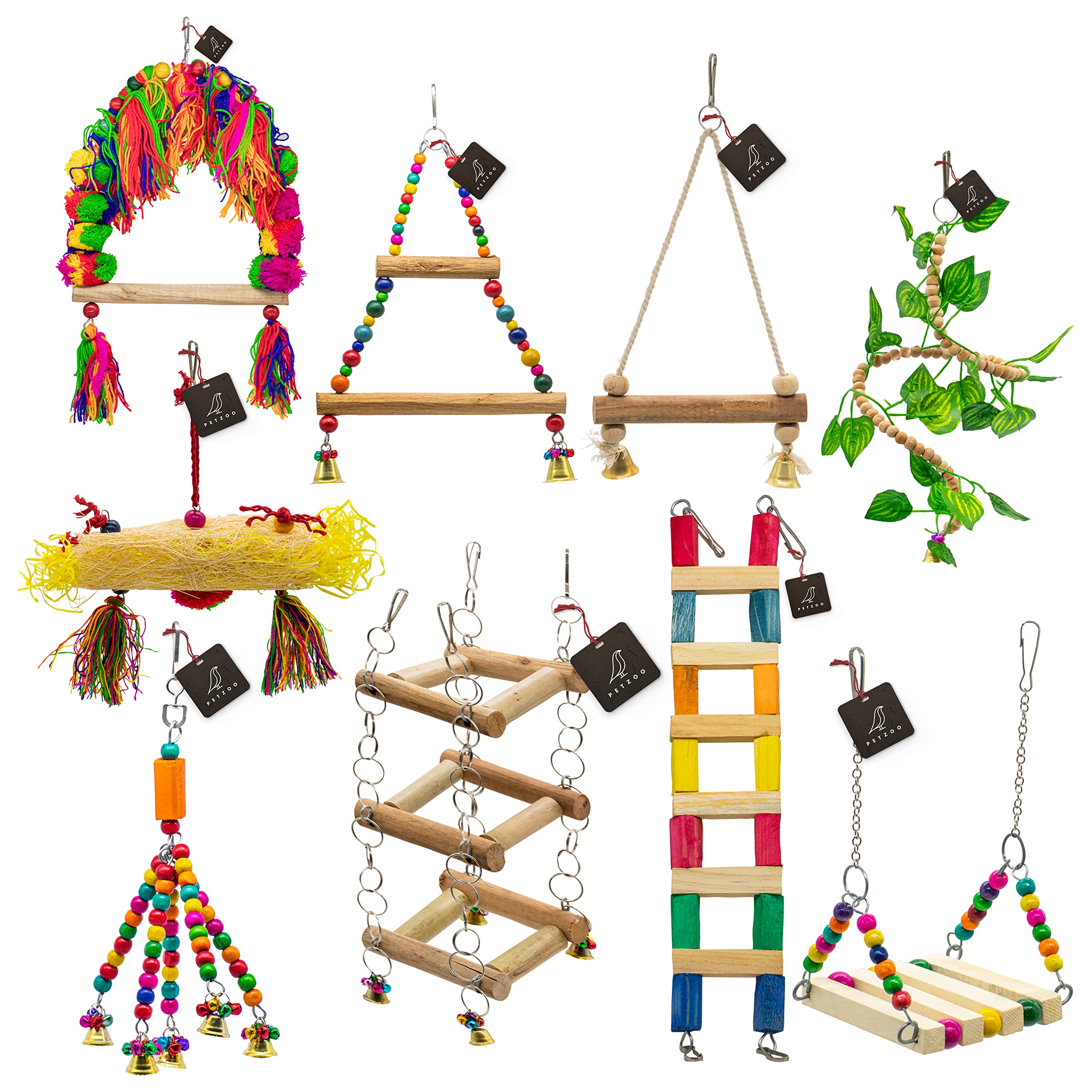 PETZOO Bundle of 9 Wooden Bird Toys Swing, Ladder, Perch, Paper Shredded Chew Toy Hanging Cage Toy Resting Toy Chew Toy for Your Birds, Parrots, Finches, African Gray, Conure Activity (B0BTZ435PR) Amazon Price History, Amazon Price Tracker