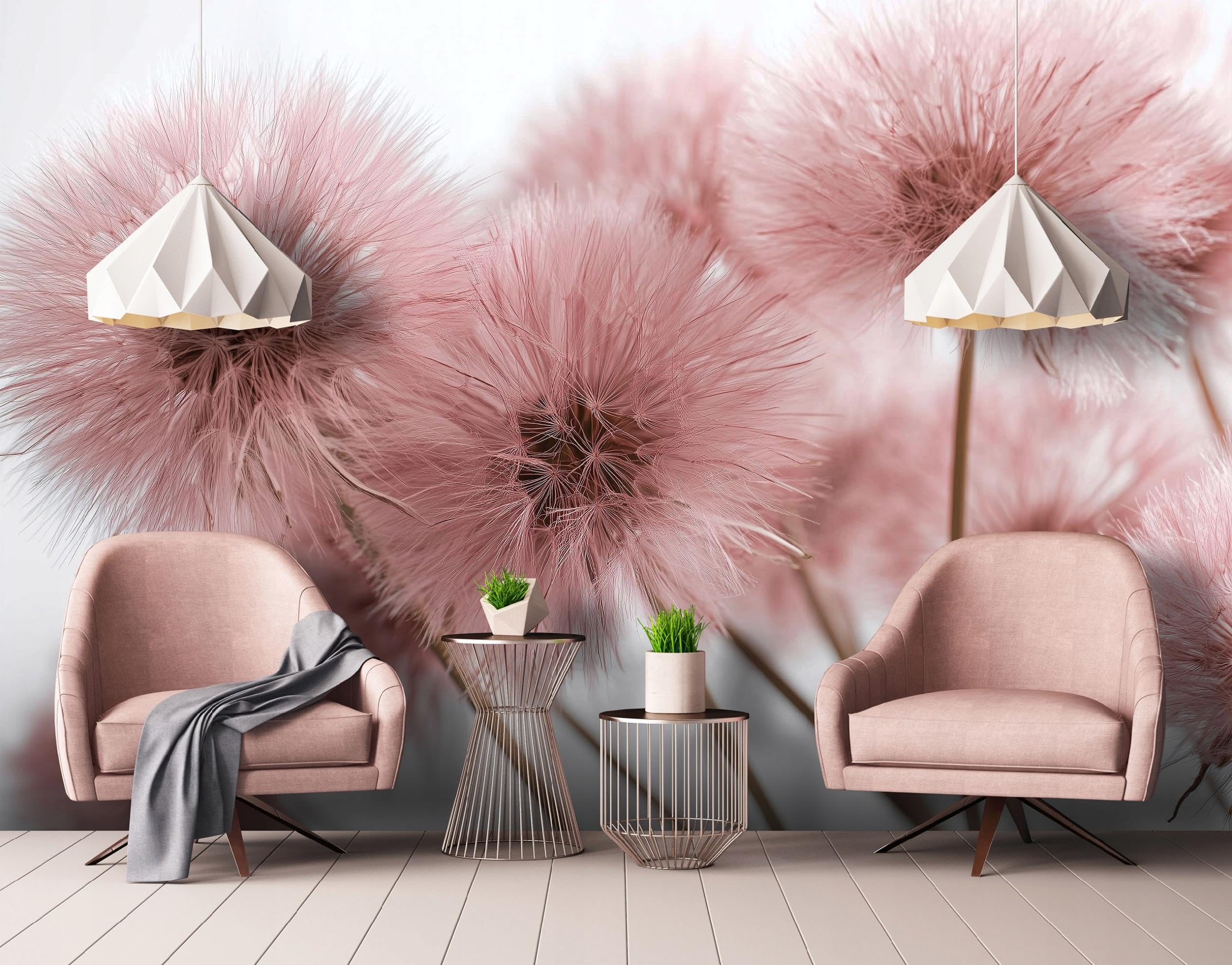 WallArena - Carta da parati fotografica - Boho 350x250 cm - Murale fotografico - Per soggiorno e camera da letto - Effetto 3D - con Colla - Fiori di tarassaco rosa naturale