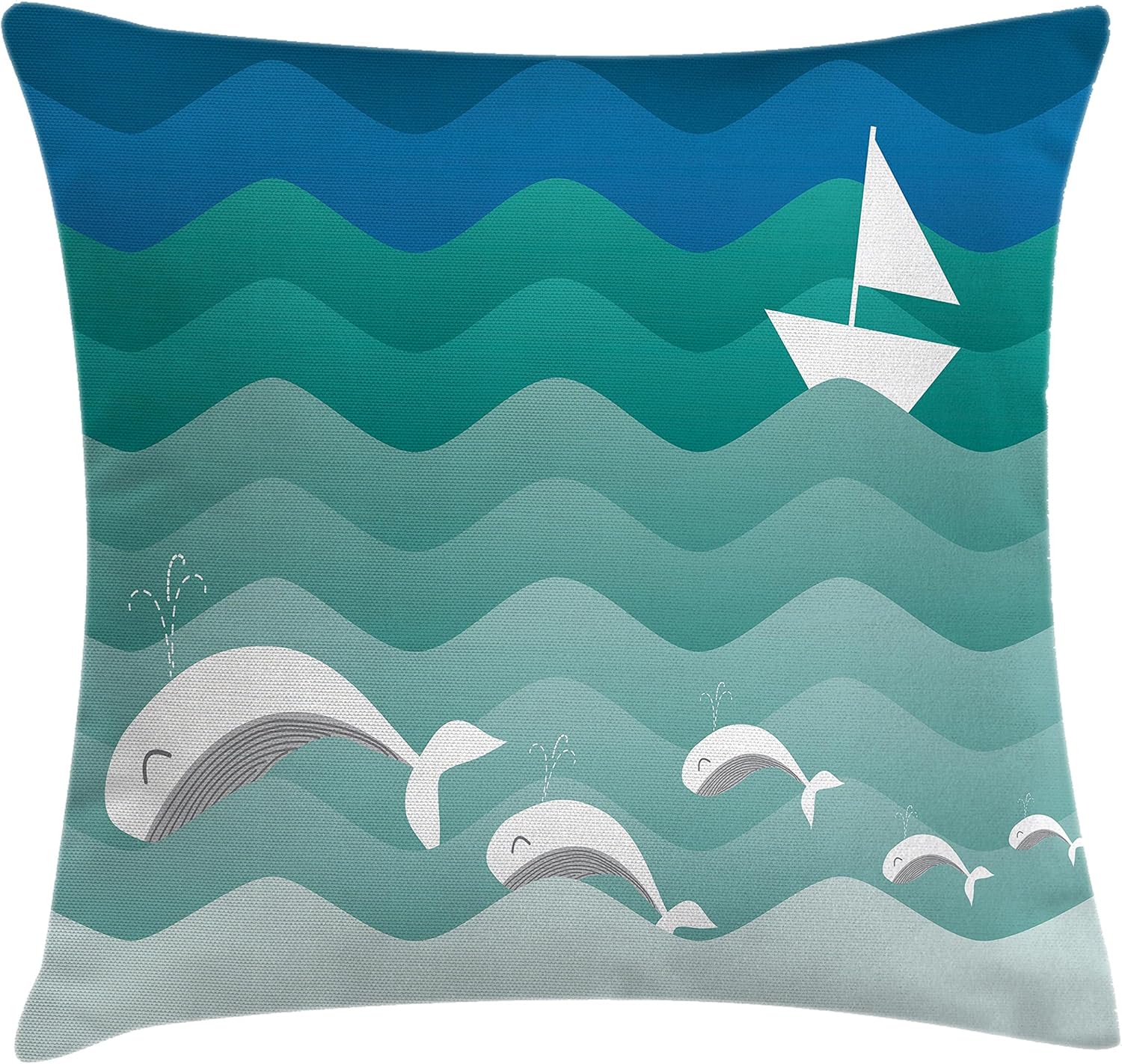 Ambesonne Nautical Throw Pillow Cushion Cover, Theme Paper Boat Sea Happy Dolphins Underwater Animals Ocean, Decorative Square Accent Pillow Case, 16" X 16", Blue Teal 16" x 16" Blue Teal