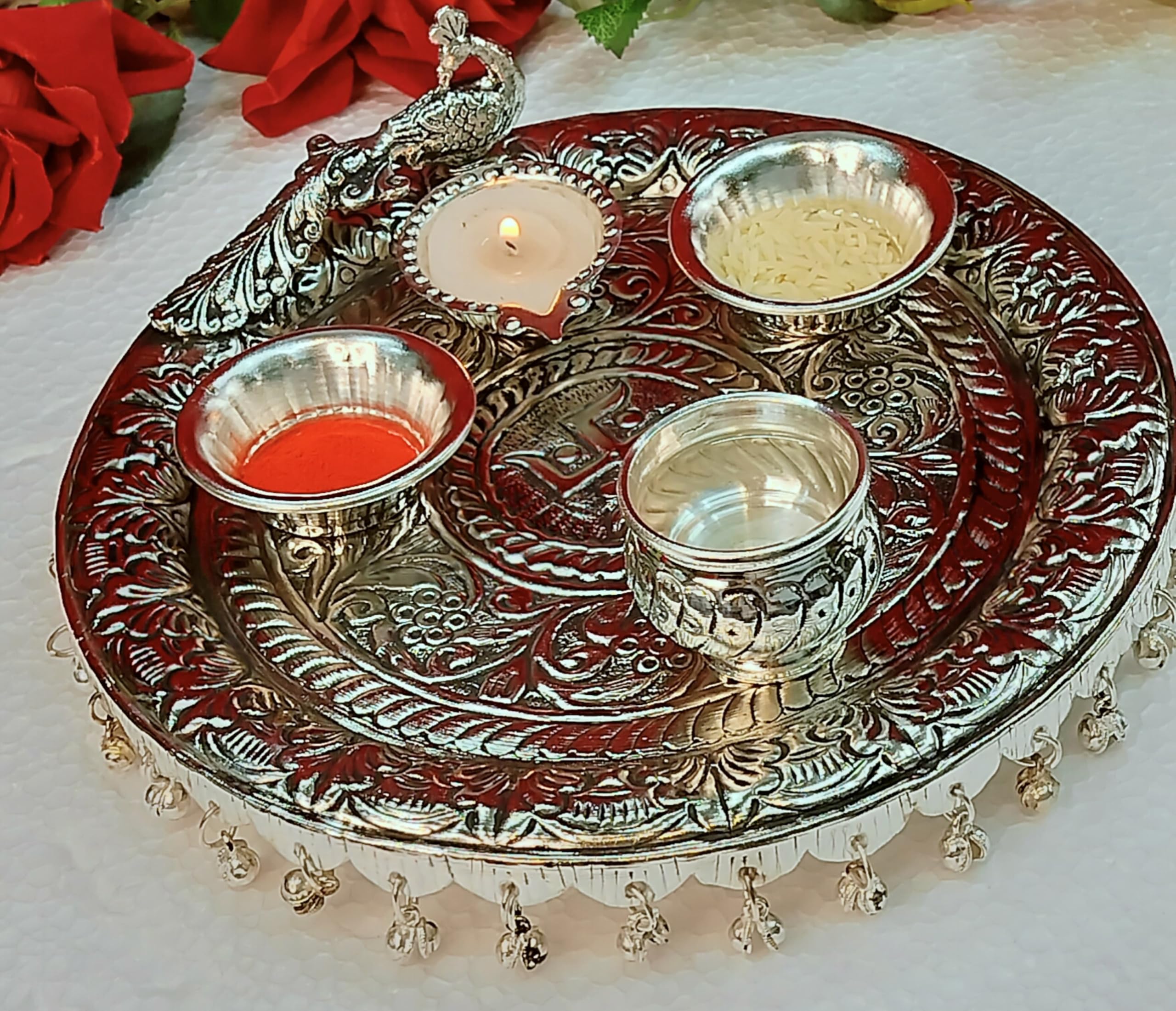 indiancraftsbykanika German Silver Peacock Design Ghungaru Aarti thali Set of 4 Pieces