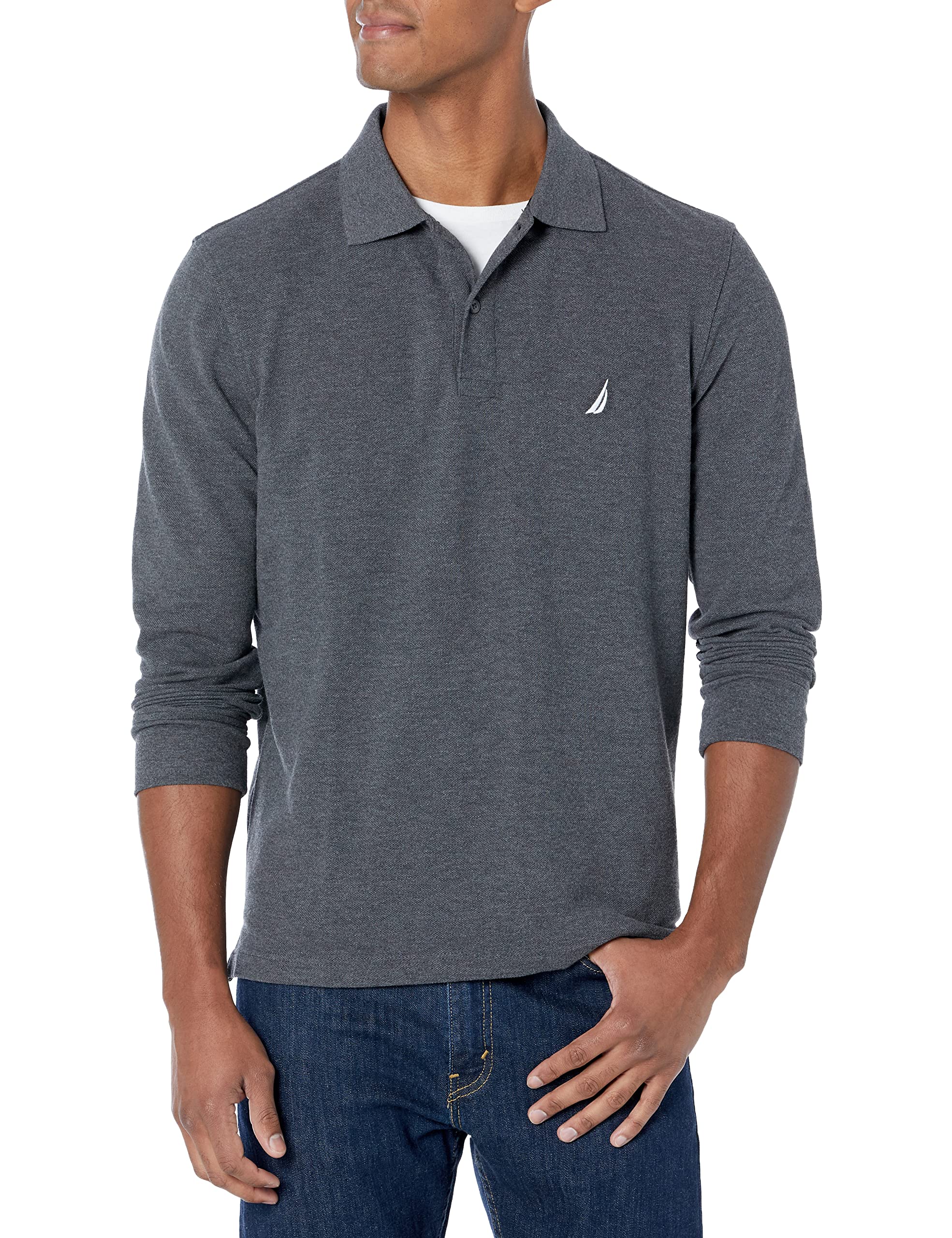 Nautica Men's Charcoal Heather Classic Fit Long-Sleeve Deck Polo, Large