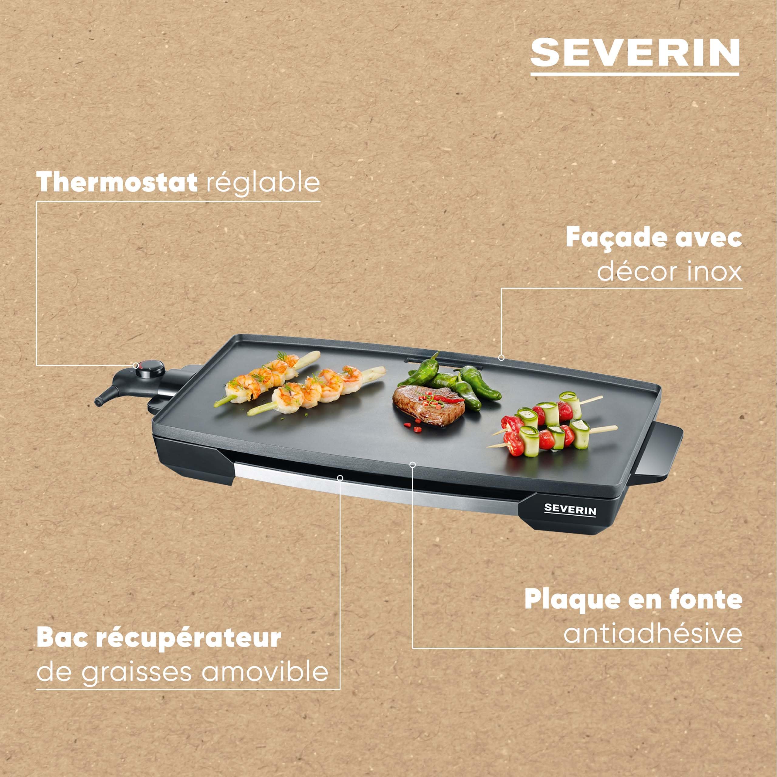 SEVERIN Plancha 2 200 W, Plaque de cuisson XXL pour viandes, poissons & légumes au revêtement anti-adhésif, Gril électrique avec bac récupérateur de graisse amovible, Noir, KG 2397