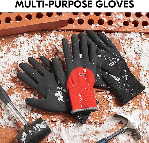 Miniatura 5 de Vgo... 2 pares de guantes de trabajo de invierno para congelador, doble forro de goma recubierto de látex para trabajo al aire libre (talla M, rojo,