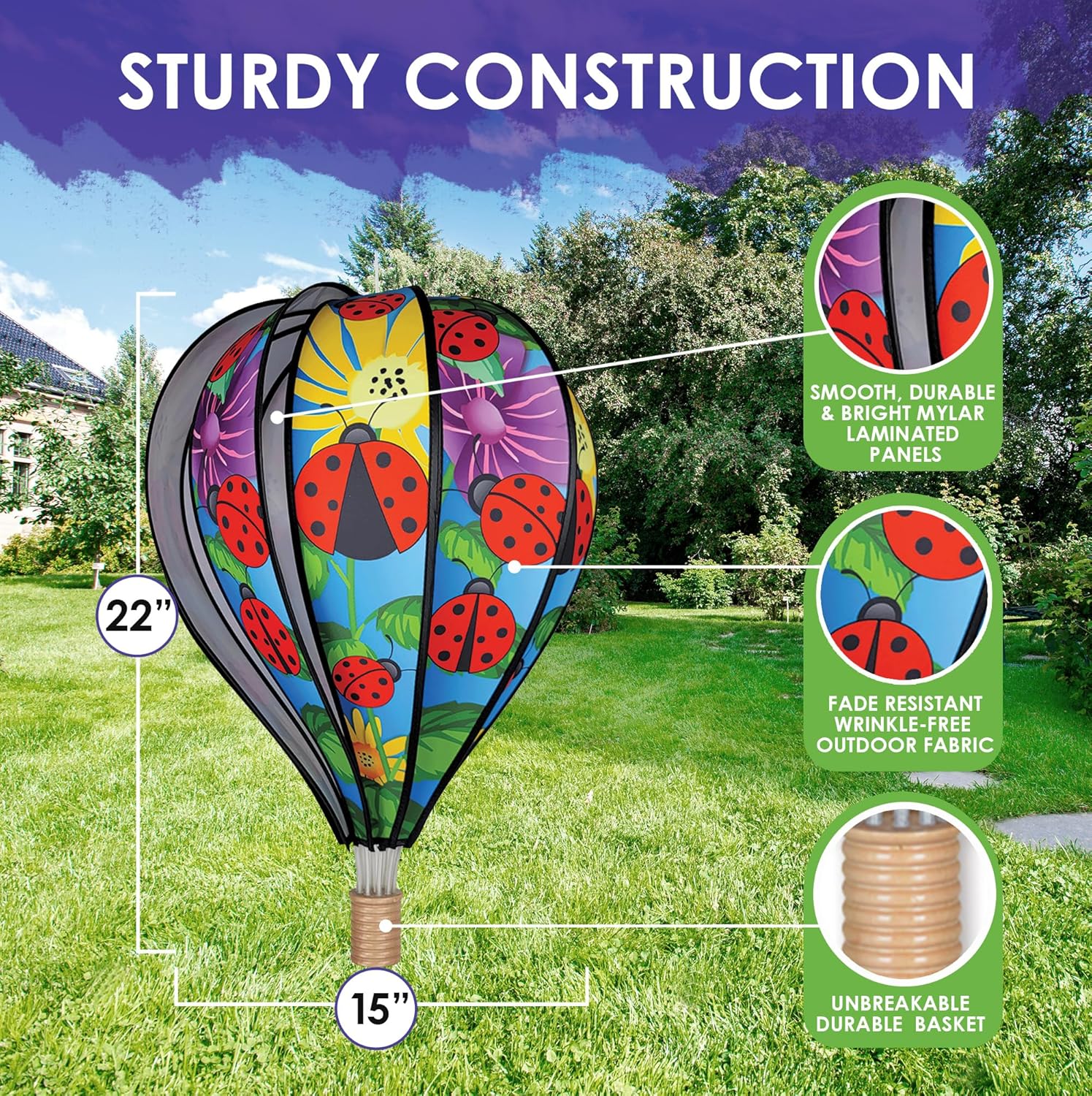 Hot Air Balloon Hanging Garden Spinner 22" - Vibrant Ladybug Design, Weather-Resistant Outdoor Decor, Durable & Lightweight for Patios, Yards, and Gardens - Eye-Catching Wind Spinner
