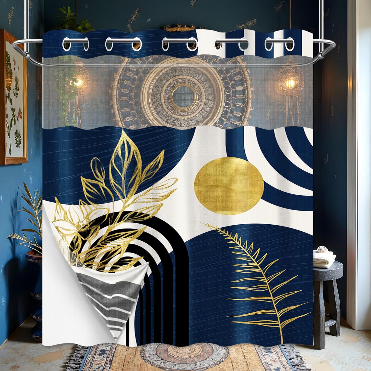 Boho Mid Century Modern Hookless Shower Curtain with Snap in Liner, Navy Blue and Gold No Hook Double Layer Shower Curtains and Liner Set, Waterproof Cloth Fabric, 71" W X 77" L