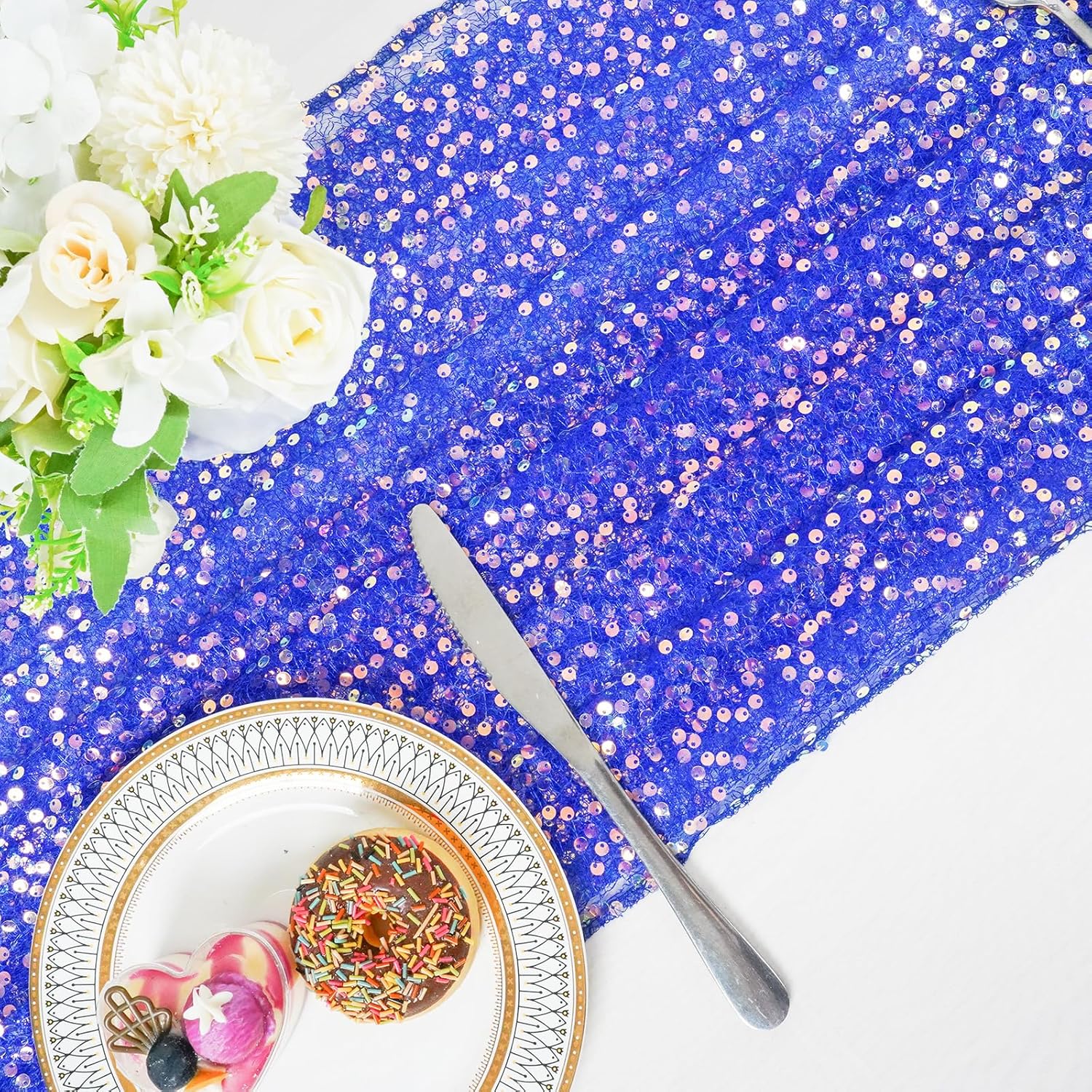Blue Table Runner 25"x120" 2pcs Glitter Sequin Iridescent Table Runner for Birthday Party Decorations