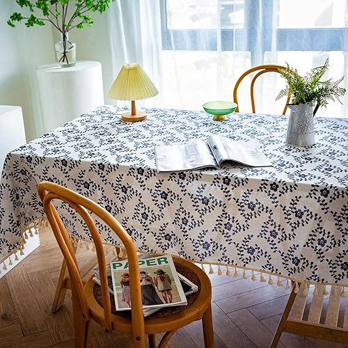 YUURAIN VUVU - Mantel rectangular vintage azul oscuro floral, mantel de tela de lino de algodón con borla, mantel rectangular pastoral para
