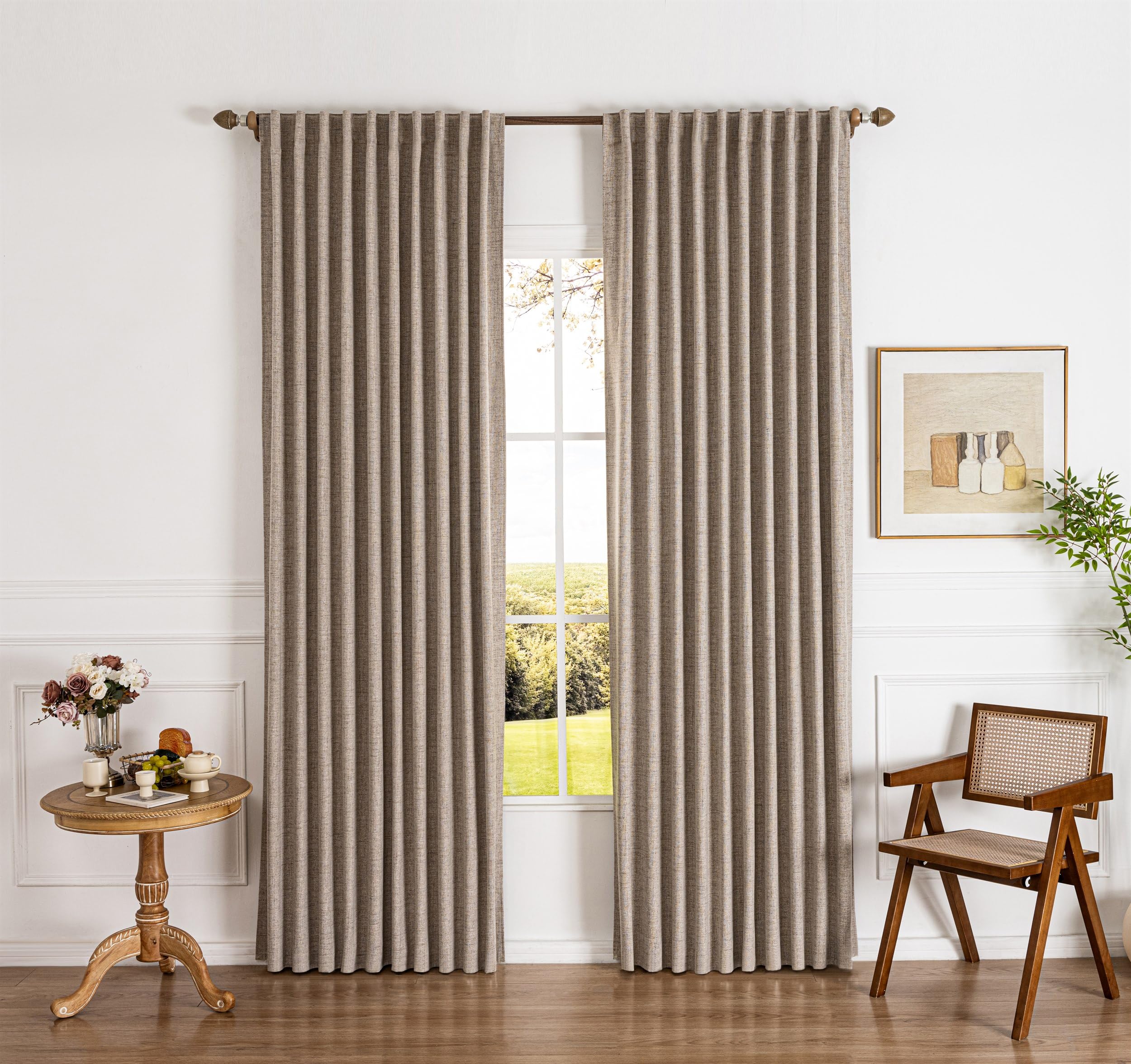 Gleantdeco Blackout Curtains 96 Inch 2 Panels - 100% Light Blocking Thermal Insulated Noise Reducing, Linen Blend Hooked Pleat, Boho Farmhouse Style Drapes for Bedroom Living Room (Linen Color) — image 1