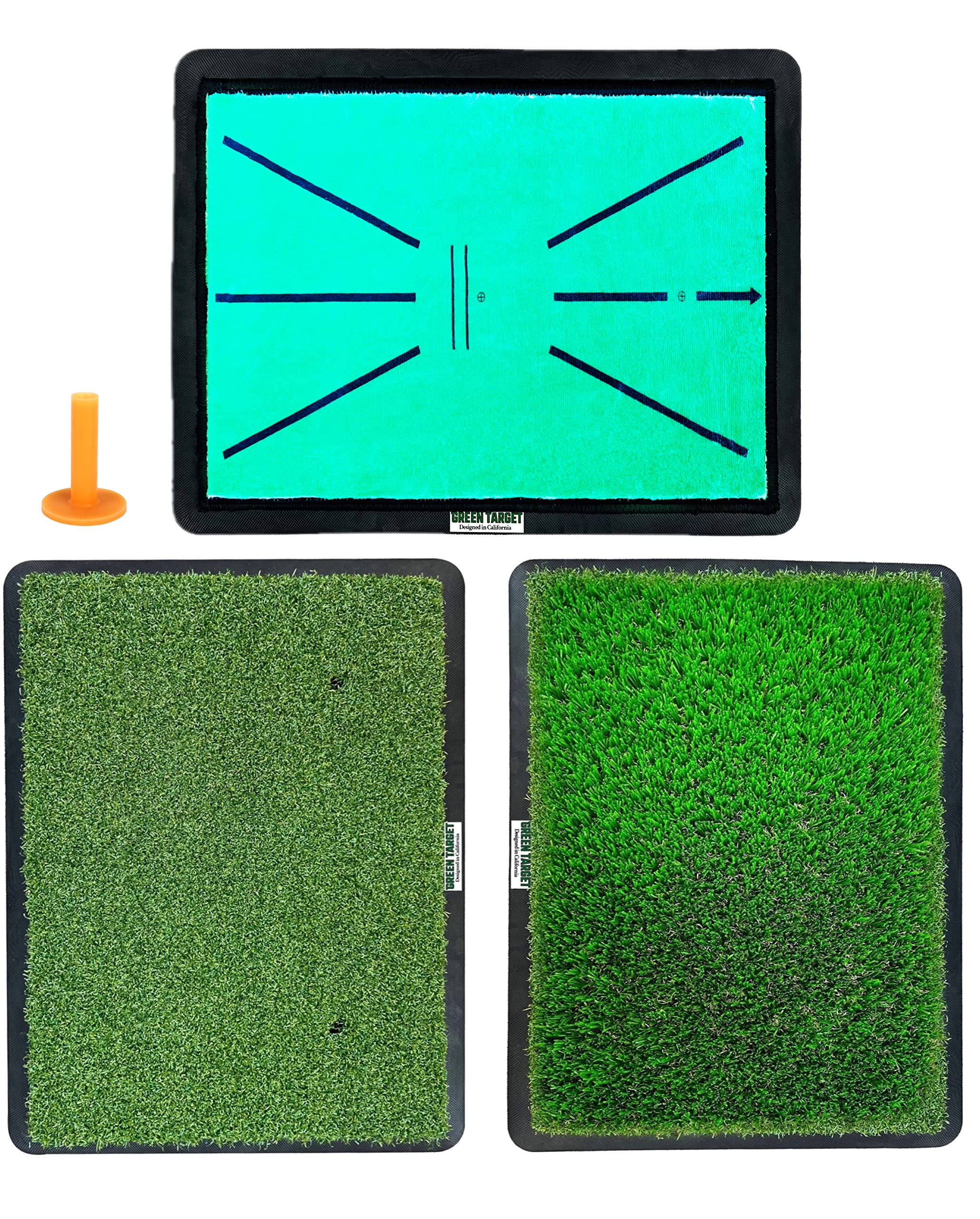 Premium 3-in-1 Golf Practice Hitting Mat | Tri-Turf (Impact Mat/Fairway/Rough) Replaceable Design on 13''x17'' Rubber Base Non-Slip & Tear Resistant (3-in-1 Set), Black