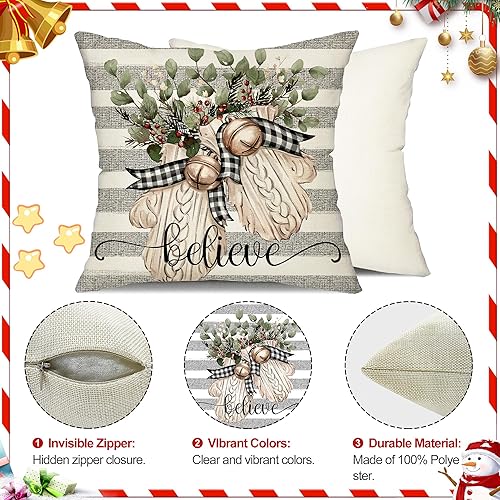 Miniatura 6 de DFXSZ Juego de 4 fundas de almohada de Navidad de 18 x 18 pulgadas, guantes de árbol de Navidad, fundas decorativas de invierno a rayas, decoración
