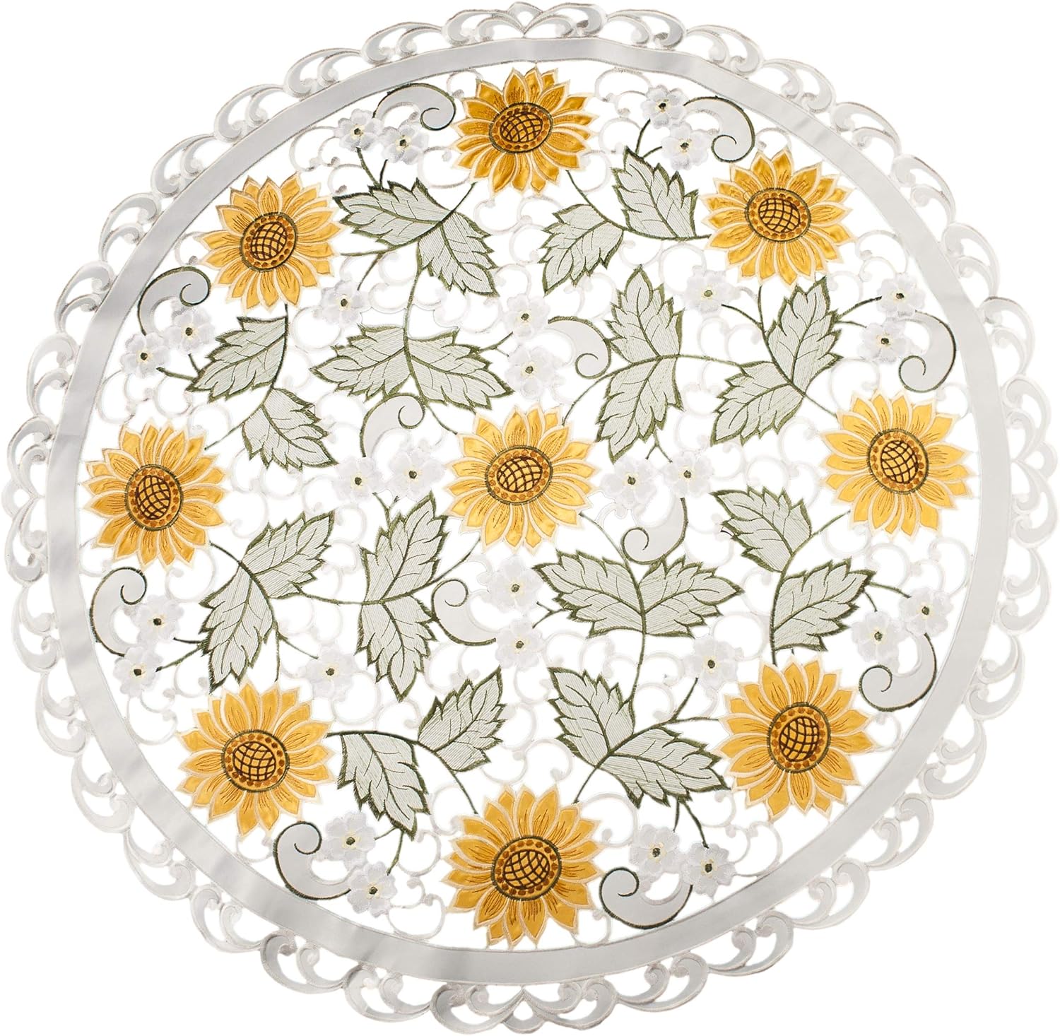 Embroidered Open Weave Sunflower and White Daisy on Ivory Round Table Topper, Large Doily (33 Inch Round)