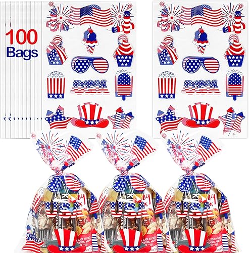 Bolsas de celofán del 4 de julio | 100 bolsas de golosinas de Estados Unidos (6 x 9 pulgadas) | Bolsas de aperitivos de 2.5 mil con diseños