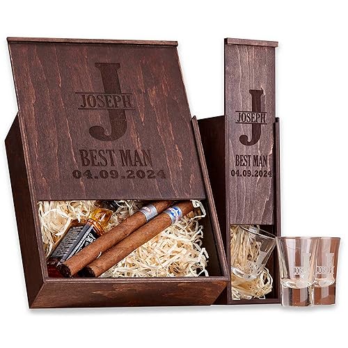 IntraSStudio Personalized Wooden Groomsmen Gift Boxes for Presents - Wood Box with Hinged Lid - Custom Cigar Box for Fathers Day Bride Gifts - Best