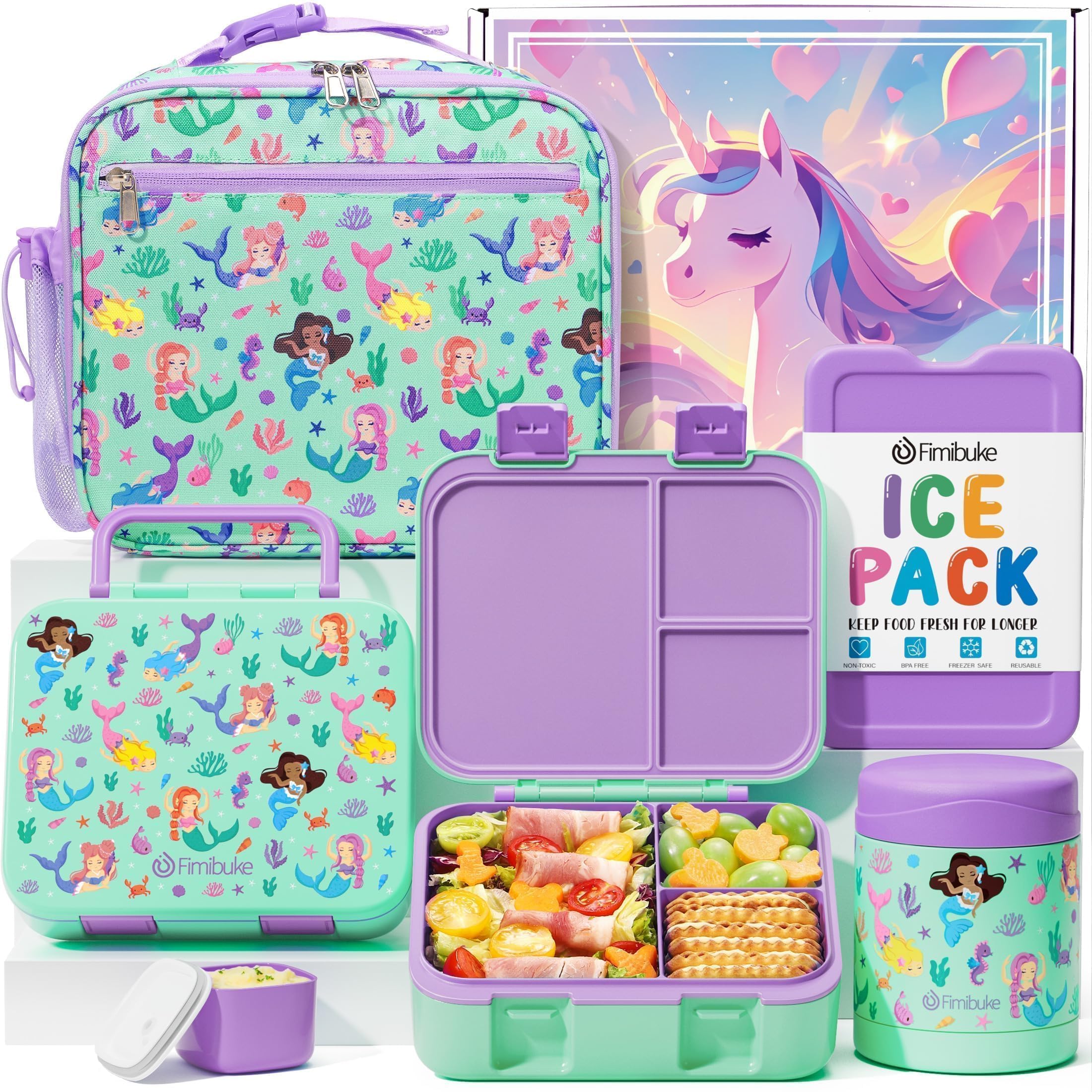 Fimibuke Bento Lunch Box for Kids with Thermos, 32OZ Snack Lunch Container with 3 Compartments, Insulated Lunch Bag, 12OZ Leakproof Food Jar, Ice Pack Set for Age 3-12 Toddler Teen Girls Boys Daycare
