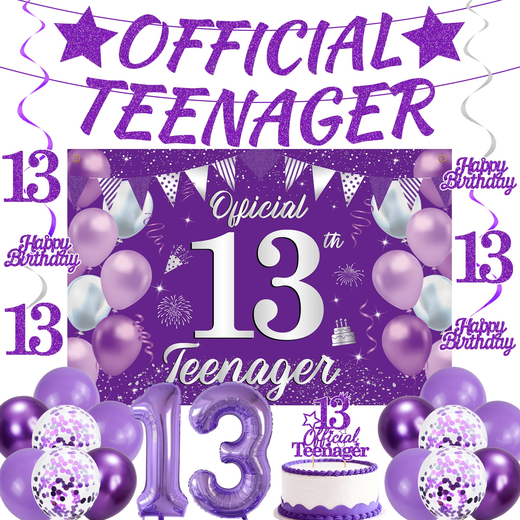 13th Birthday Decorations Girls Banner - 26 Pcs Purple Birthday Decoration Including Official Teenager Banners, Hanging Swirls, Number 13 Balloons and Backdrop for 13 Years Old Party Supplies