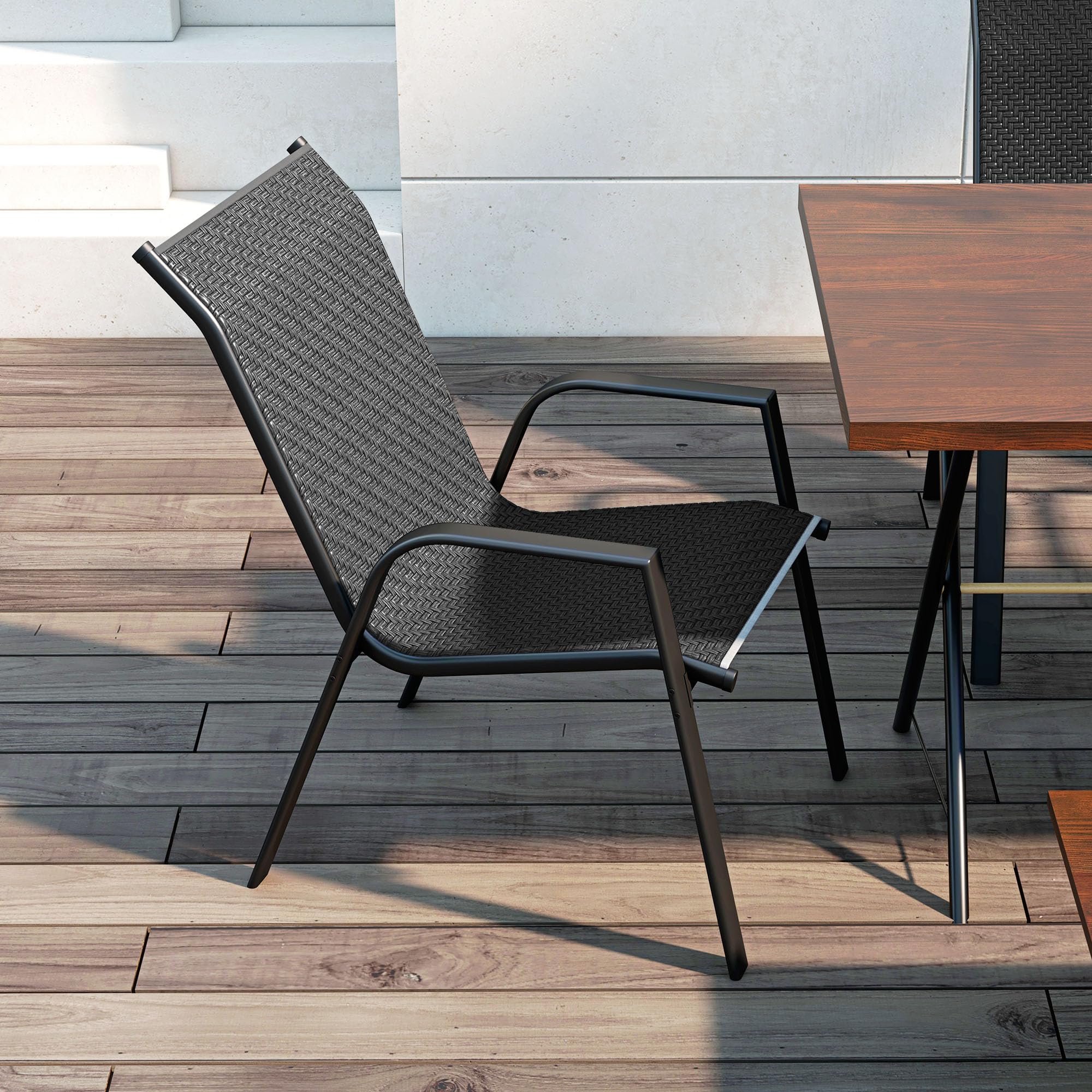 Outsunny Set 4 Sedie da Giardino Impilabili in Rattan PE e Acciaio Grigio | Sedie da Pranzo per Esterni con Braccioli