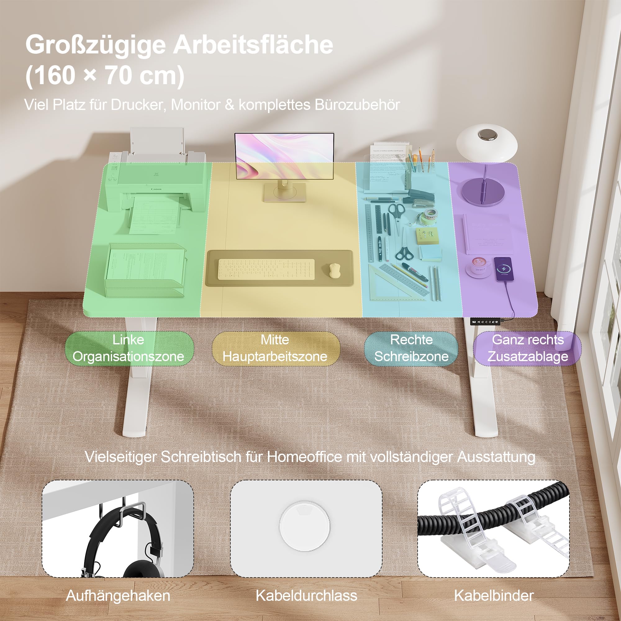 JUMMICO 160x70cm Höhenverstellbarer Schreibtisch, USB-Anschluss, 2 Höhen Memory-Funktion, Anti-Kollisions, Erinnerungsfunktion