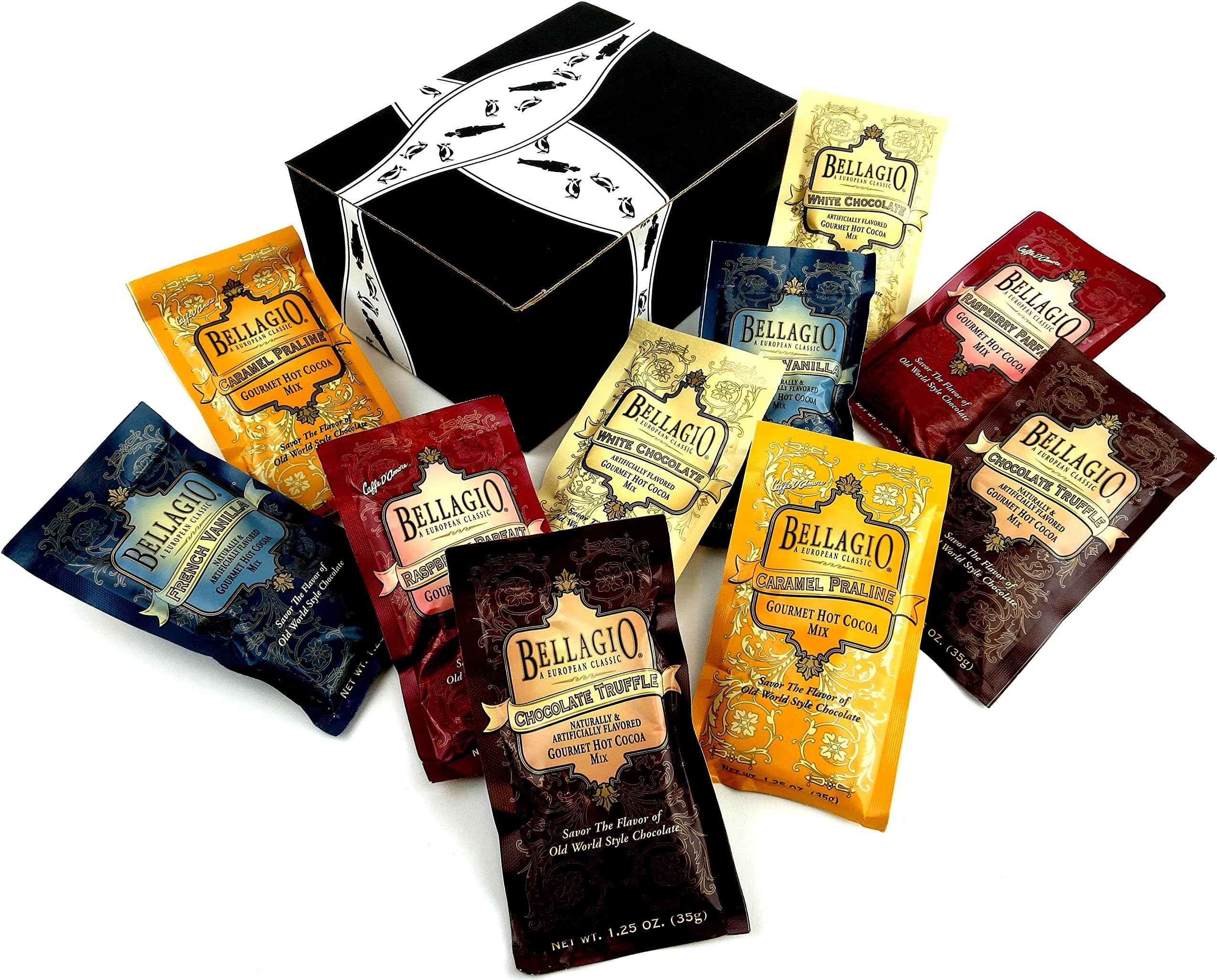 Caffe D'Amore Bellagio Gourmet Beverage Mixes 5-Flavor Variety: Two 1.25 oz Packets Each of Chocolate Truffle Hot Cocoa Mix, French Vanilla Hot Cocoa Mix, White Chocolate Hot Cocoa Mix, Raspberry Parfait Hot Cocoa Mix, and Caramel Praline Hot Cocoa Mix in a BlackTie Box (10 Items Total)