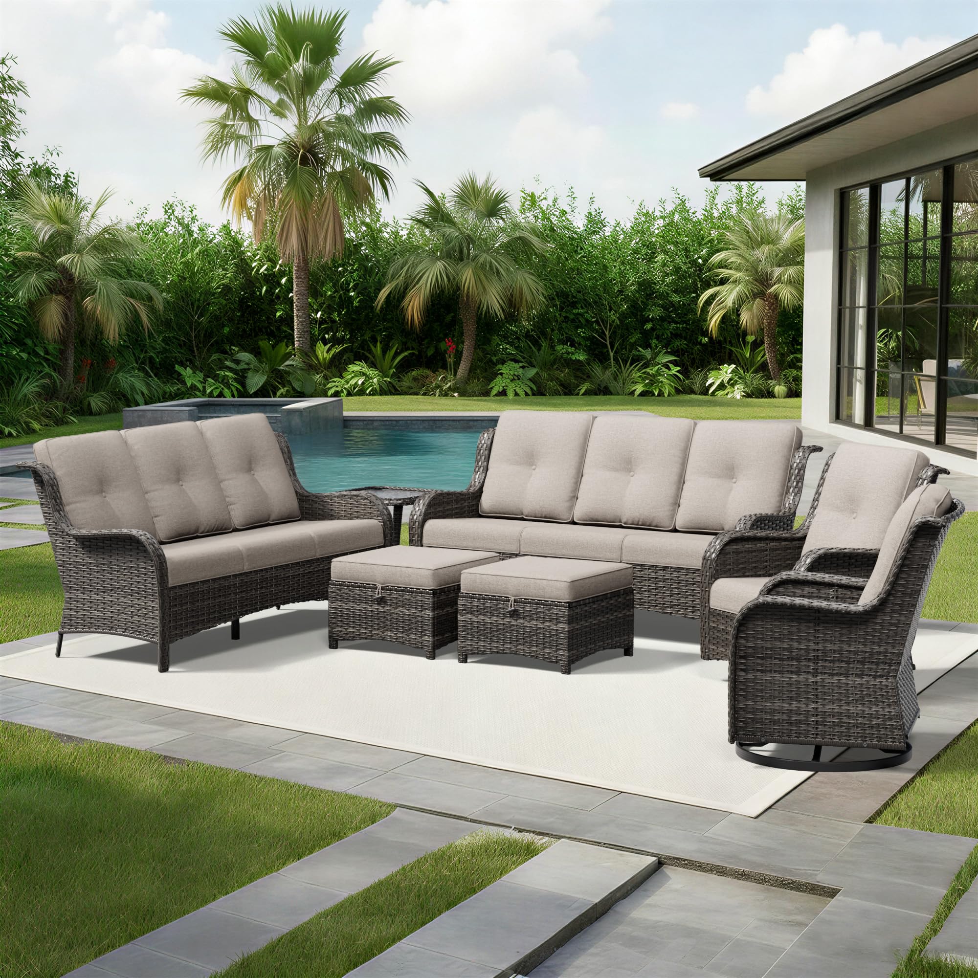 Joyside 7 Piece Wicker Patio Furniture Set, Outdoor Swivel Rocker Patio Chairs with High Back, Deep Seating, Wide Armrest, Thickened Cushions, Outdoor Furniture for Deck, Porch Use