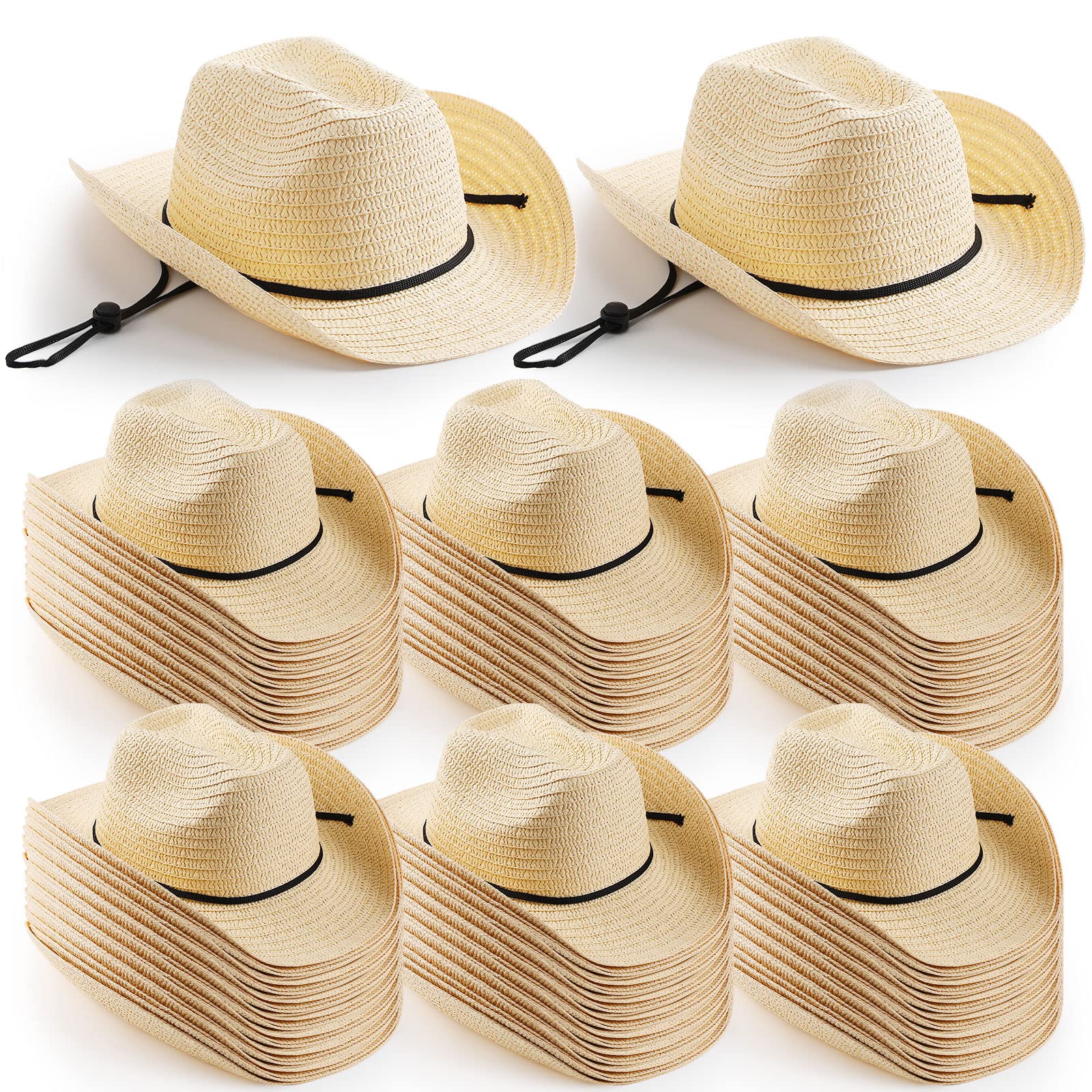Unittype 60Pcs Straw Hats Bulk with Wind Lanyard Western Cowboy Hat Bulk for Western Sun Protection Straw Hat