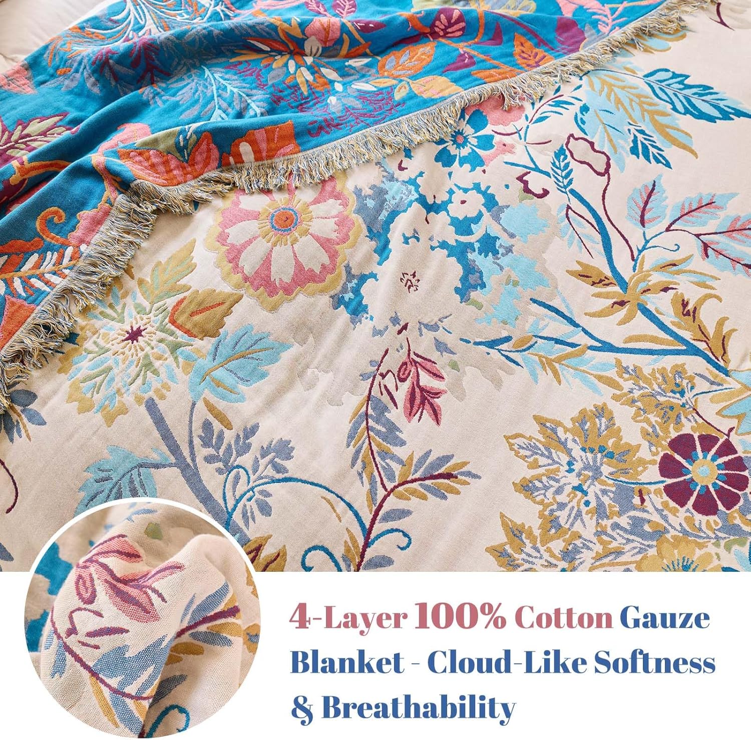 MSGKV Boho Throw Blanket for Bed Cotton 60"x80" Floral Blanket Twin Size Couch All Seasons Muslin Breathable Lightweight Farmhouse Blankets - Image 4