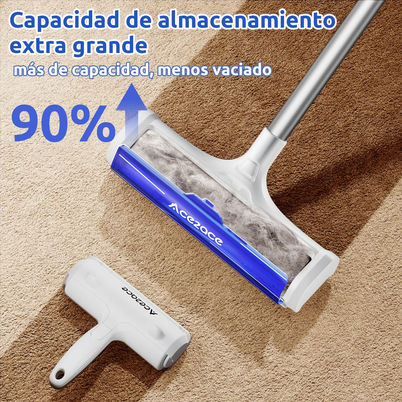 ACE2ACE Rodillo Alfombras Quitapelos Mascotas, Rastrillo para Alfombras Reutilizable, Quitar Pelos de Mascotas con Mango de 1,5m, Ideal para Alfombras, Tapetes y Tapetes