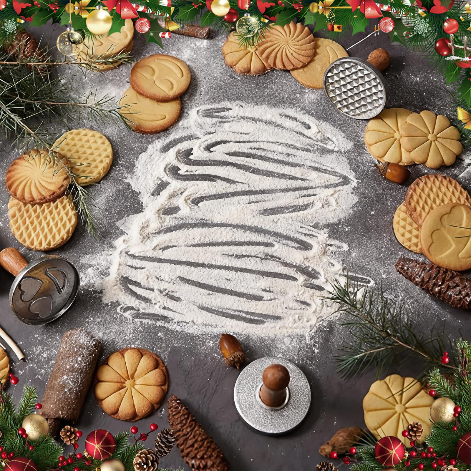 OPPEIN Juego de 3 sellos de galletas, molde de metal para prensa de galletas con mango de madera, suministros de decoración de galletas para hornear, pasteles, pasteles, paquete de regalo