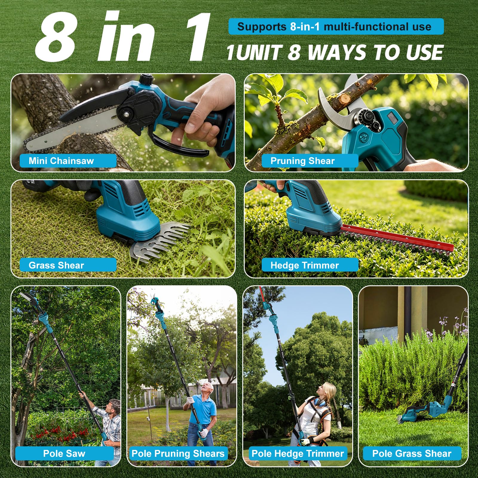 Akku-Teleskop-Kettensäge Heckenschere und Gartenschere Kombiset kompatibel mit Makita 18V, Ausziehbares Baumbeschneidungs-Werkzeugset zum Schneiden von Ästen und Bäumen (ohne Akku)