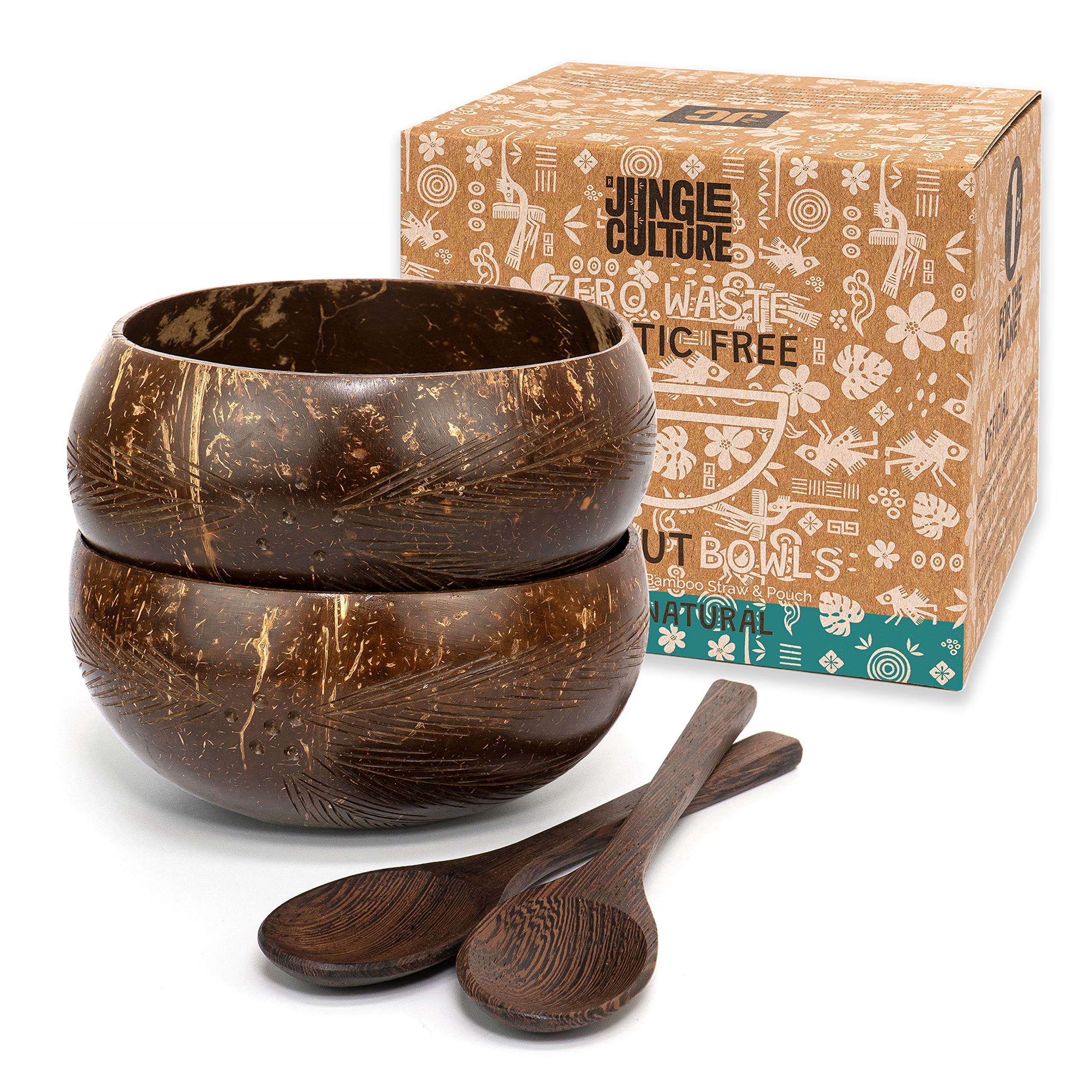 Jungle Culture® Set of 2 Coconut Bowls & Spoons • Organic Wooden Bowls Polished with Coconut Oil, Reusable Straw & Pouch • Handmade Serving Bowls for Food Acai Smoothies & Salad • Eco Friendly Gift