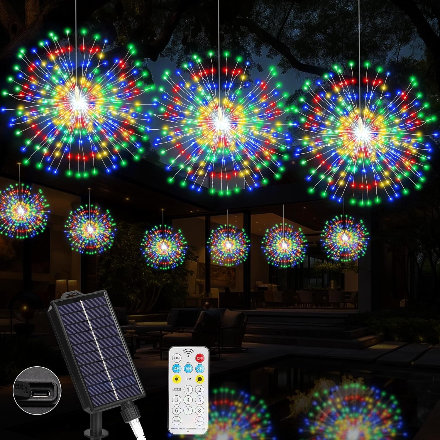 Solar Christmas Firework Lights Outdoor, 600 LED Starburst Light Outdoor with USB Rechargerable, 8 Modes Waterproof Solar Hanging Lights for Yard Party Christmas Decorations(White, 600 LED)