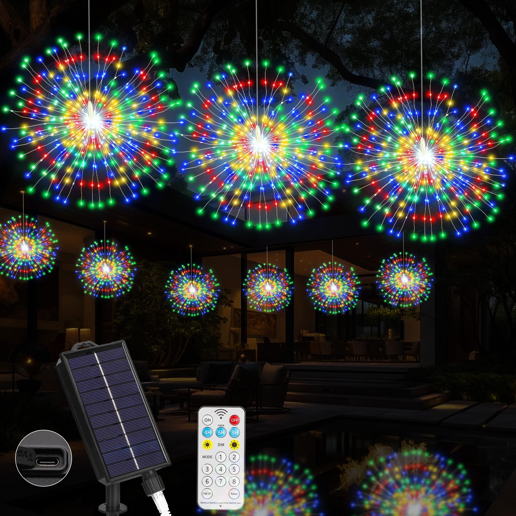 Solar-Feuerwerk-Hängeleuchte, 3-in-1, 600 LEDs, Weihnachtslicht für den Außenbereich, mit USB, wiederaufladbar, 8 Modi, wasserdicht, Solar-Lichterkette für Pavillon, Hof, Party, Hochzeit, Dekorationen