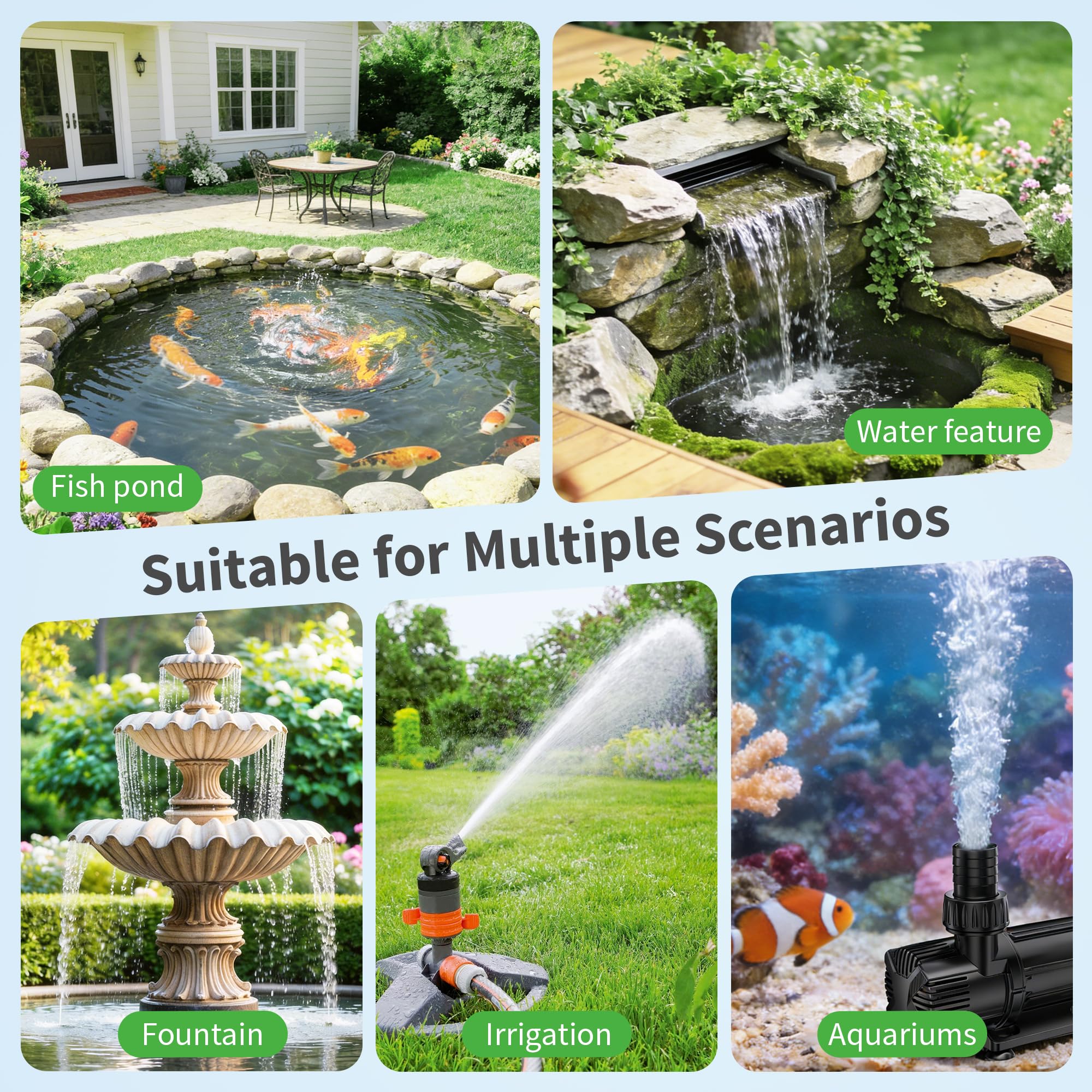POPOSOAP Pompe de bassin 6000 L/H, pompe de fontaine silencieuse 24 V basse tension avec convertisseur AC/DC, 4 adaptateurs de tuyau pour étangs de jardin, aquariums, fontaines, caractéristiques