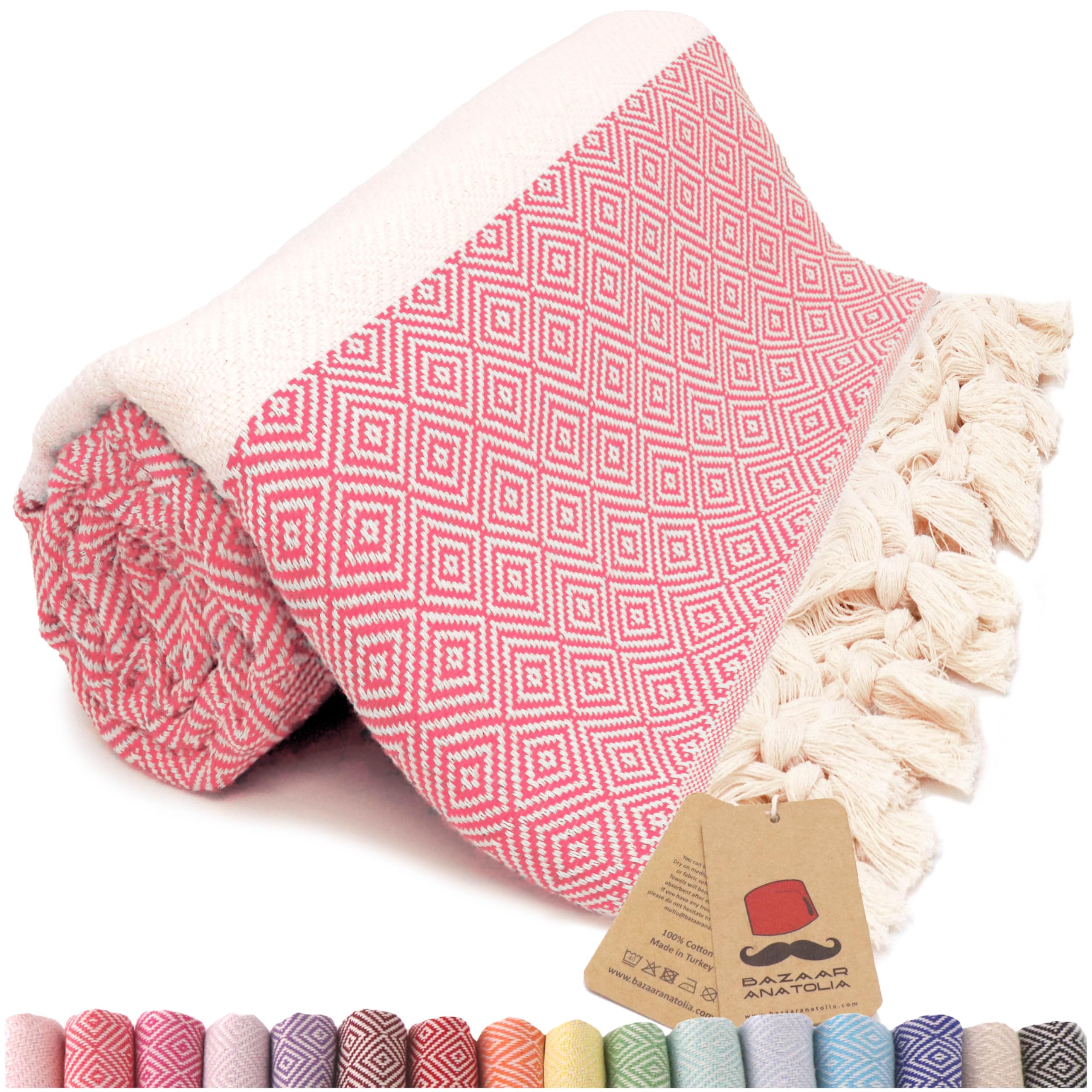 Bazaar Anatolia Turkish Beach Towel – 100% Cotton, Quick Dry, Sand Free Towel for Bathroom, Camping, Travel, Peach – Oversized 71x39 Inches – Diamond Coral