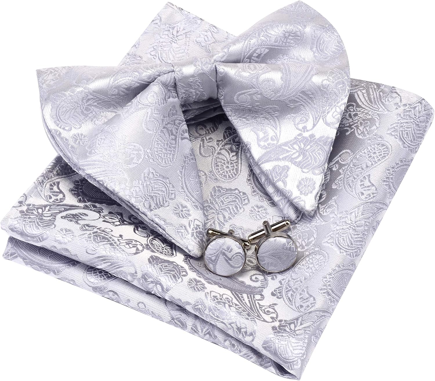 GUSLESON Fashion New Paisley Adjustable Pre-tied Big Bow Tie and Pocket Square Cufflink Set with Gift Box