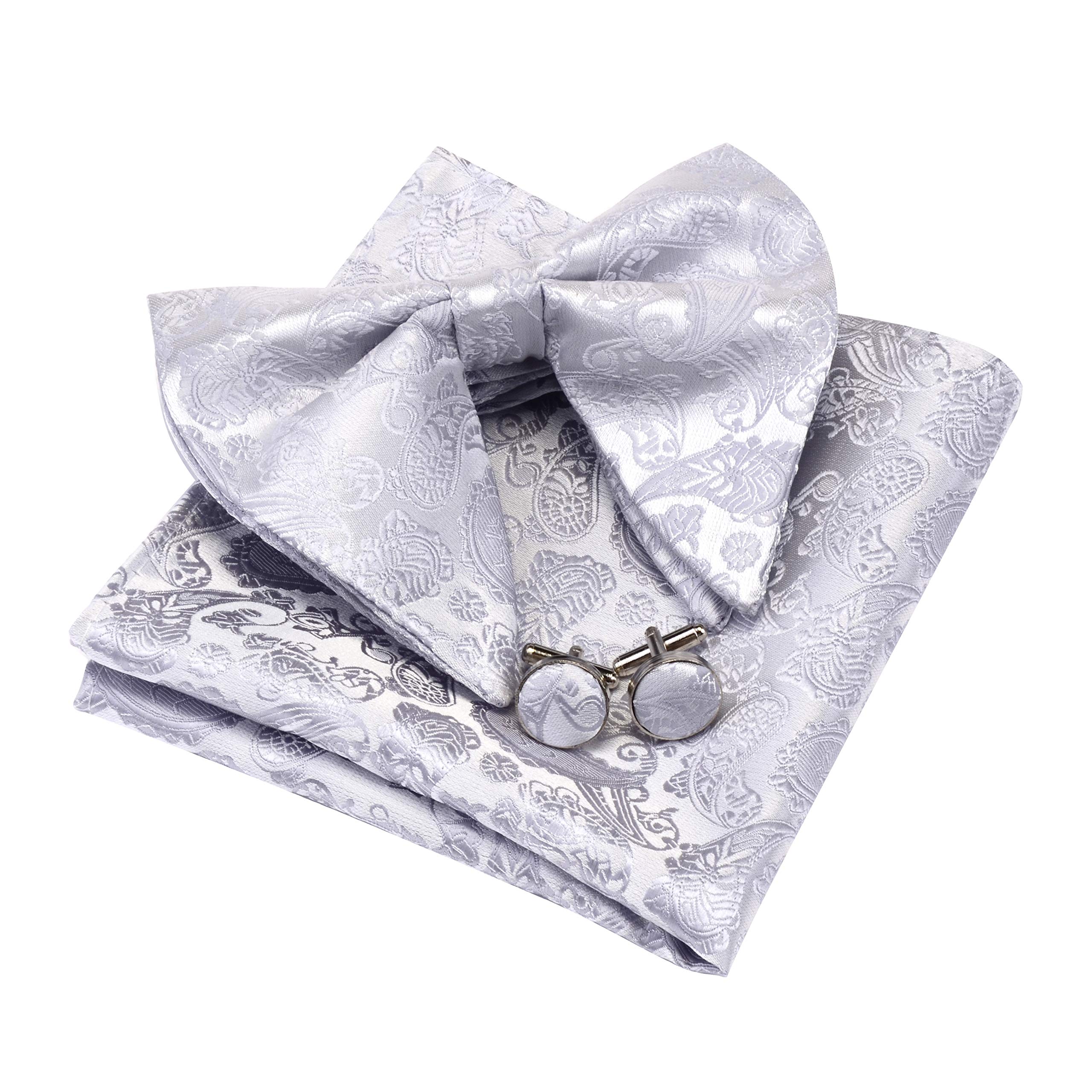 Gusleson Men's Silver Paisley Silk Bow Ties For Pre-Tied Big Bowtie And Pocket Square Cufflink Set (Uk0613-04)