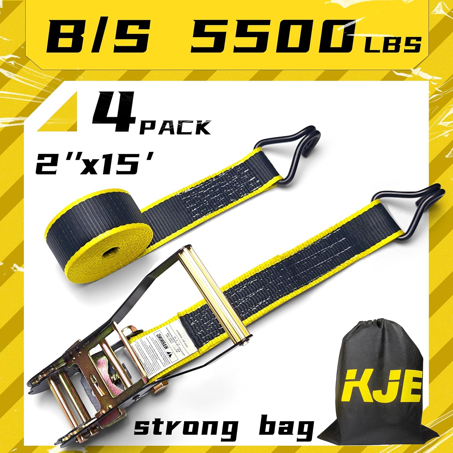 KJE Ratchet Straps Heavy Duty(4 Pack), 2" x 15' Black Ratchet Strap 5,500 Lbs Max Break Strength, Tie Down Ratcheting with J-Hook, Cargo Straps for Truck, Trailer, Moving Appliances