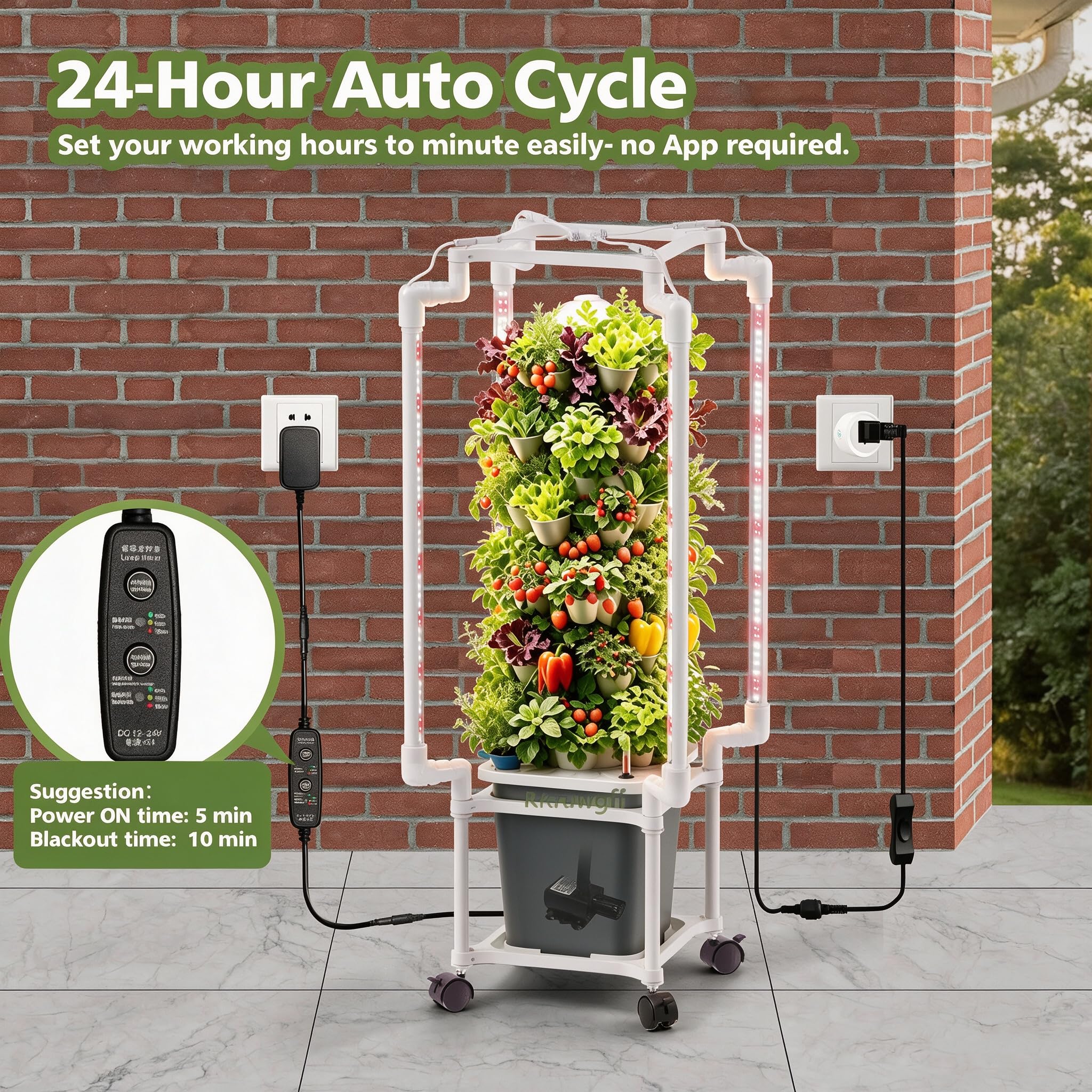 Kit de Cultivo Hidropónico, Sistema de Torre Hidropónica de 5 Niveles 30 Agujeros, con Luces de Crecimiento Control por App Ruedas Bomba de Agua, Depósito de 10 L, para Hierbas Frutas Vegetales