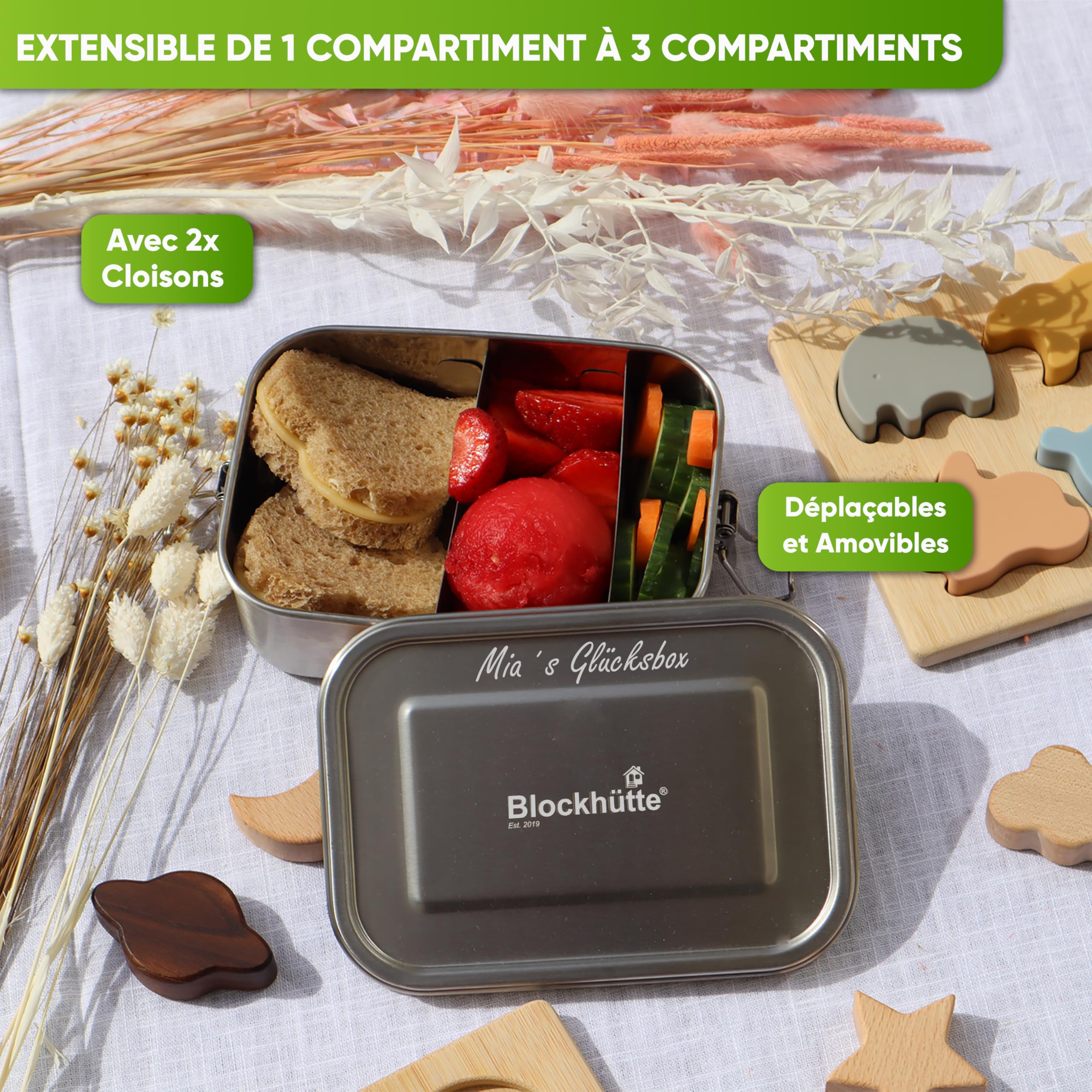 Blockhütte Personnalisé Lunch Box en Inox avec 2 cloisons I 800ml I Bento Box Inox, Boite a Gouter Enfant et Adulte Hermétique I Boite Lunch - Lunchbox pour l'école ou travail