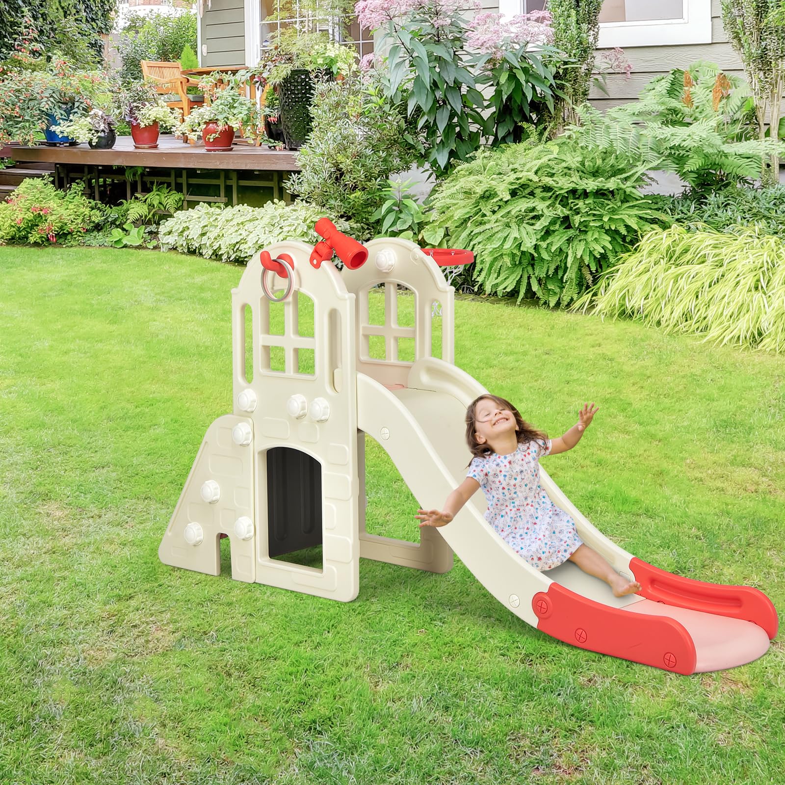 HOMASIS 6 in 1 Kinderrutsche Indoor & Outdoor, Kinder Rutsche mit Basketballkorb, Kletterleiter, Ringwurf, Tunnel, Teleskop, Babyrutsche Spielplatz Gartenrutsche für Kinder ab 3 Jahren (Rosa)