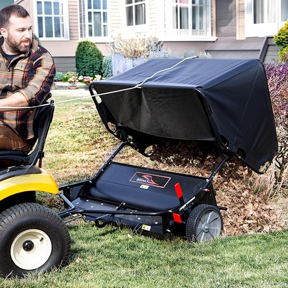 Brinly 54 Tow-Behind Combo Lawn Sweeper with Dethatcher and Hamper Windscreen