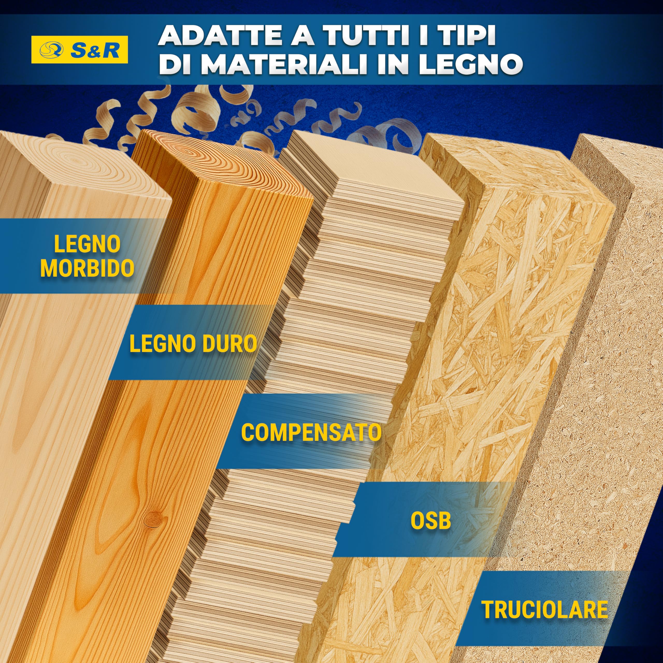 S&R Set 25 Punte Trapano Legno da 1 a 13 mm. Punte in Acciaio HSS 4241, Rivestimento Tin, per Fori Tondi Precisi. Accatto Cilindrico. Per Legno Massiccio, Lamellare, Truciolare con Scatola di Metallo.