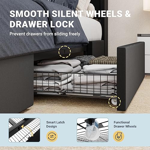 Miniatura 5 de Allewie Marco de cama de terciopelo tamaño completo con 3 cajones de almacenamiento, cama de plataforma tapizada con cabecera de almacenamiento tipo