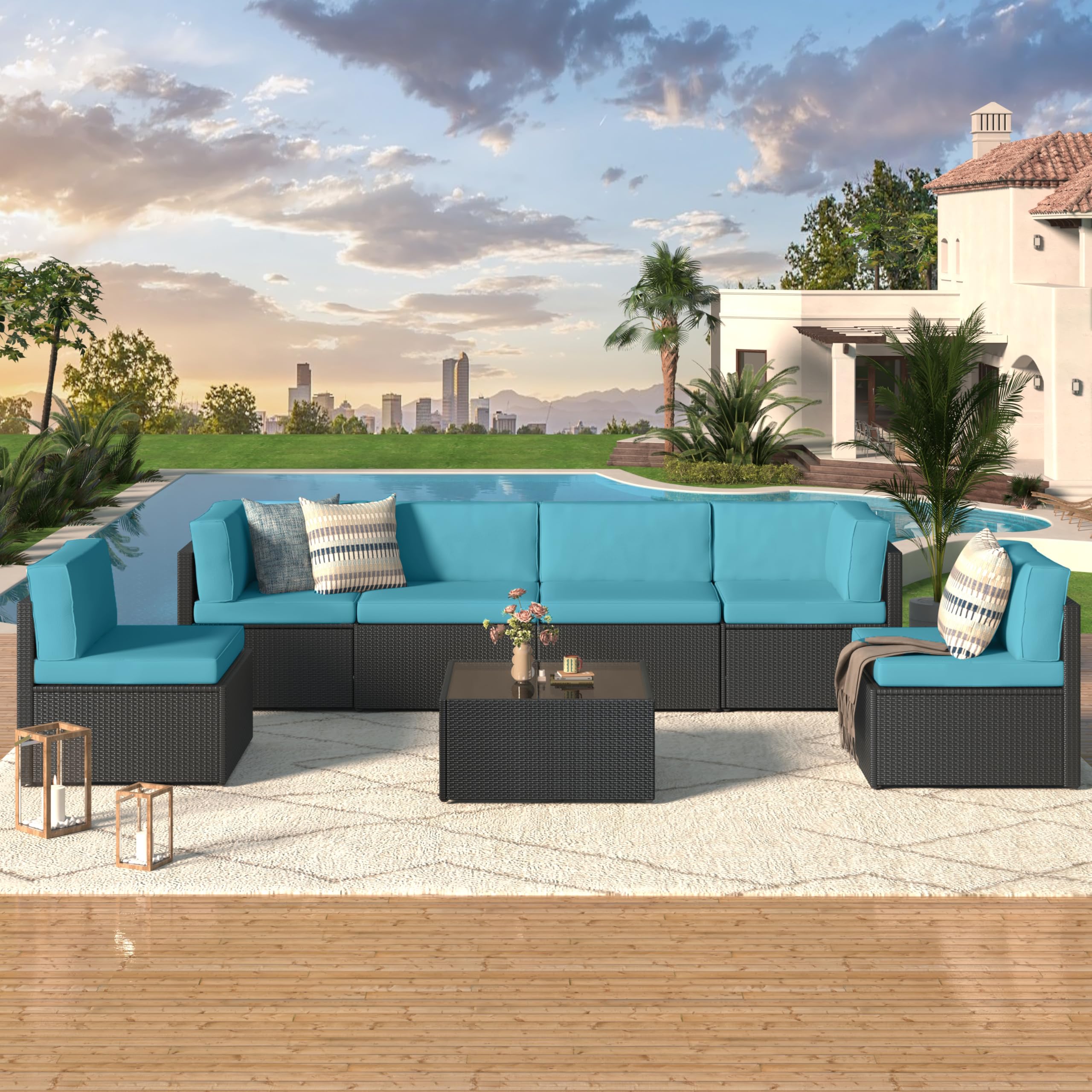 U-MAX7 Pieces Outdoor Patio Furniture Set, All Weather Black PE Rattan Wicker Sectional Sofa Conversation Set with Blue Cushion Covers and Coffee Table for Porch Garden Poolside