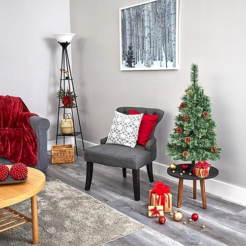 Miniatura 7 de Nearly Natural Árbol de Navidad artificial de pino blanco de montaña de 3 pies con 50 luces LED transparentes y conos de pino