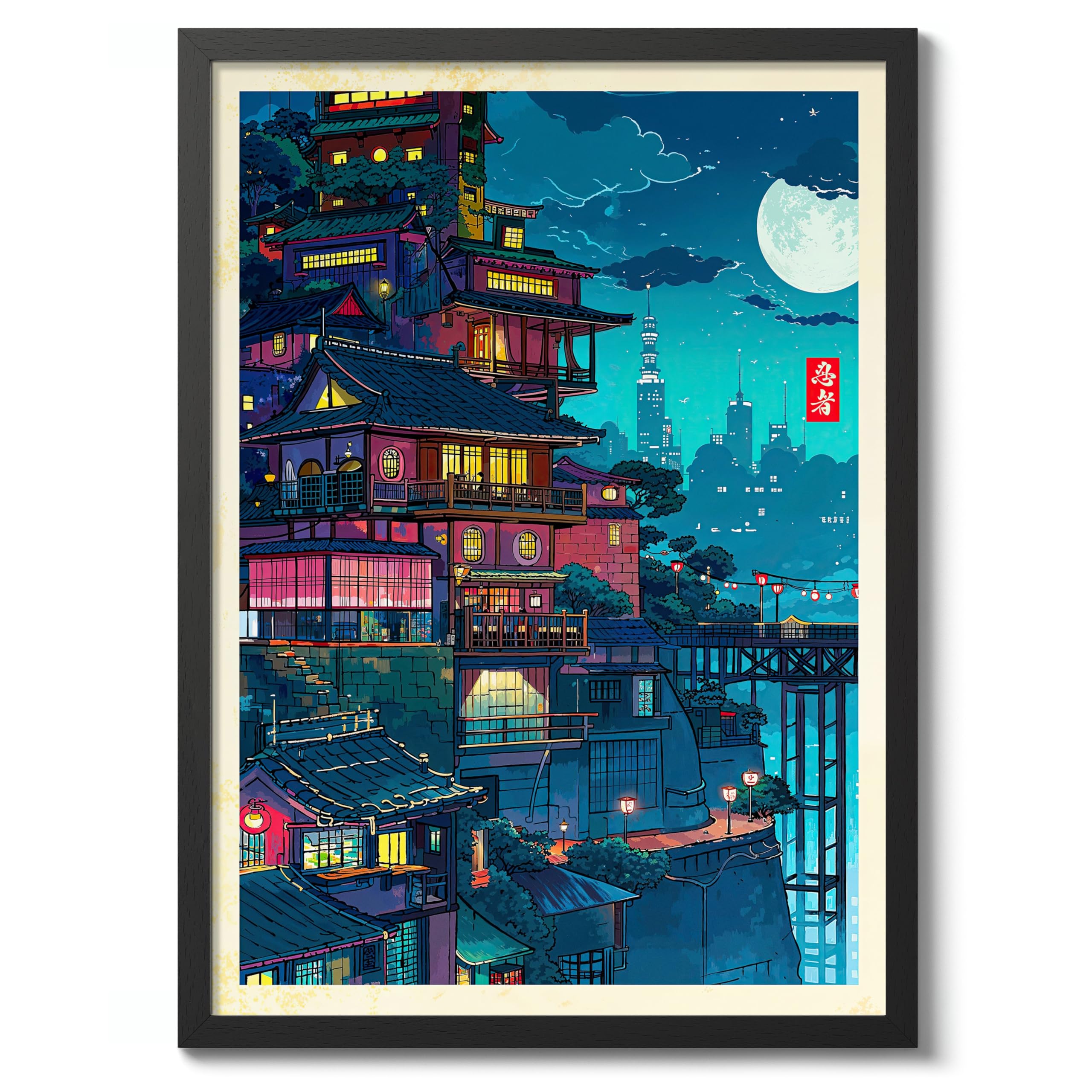 Anime City 2 Anime Woodblock Poster Modern Ukiyo-E, Japanese Cartoon Illustration Print, Archival Matte, A1 (Black Frame) - 84.1x59.4cm