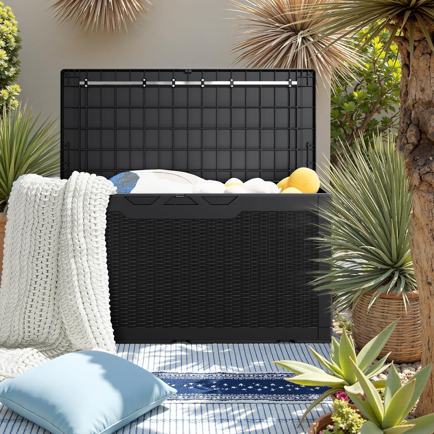 JUMMICO 100 Gallon Resin Deck Box with Cushion, Waterproof Outdoor Storage Box with Lockable Lid for Garden Tools, Patio Cushions (Black) - Image 6