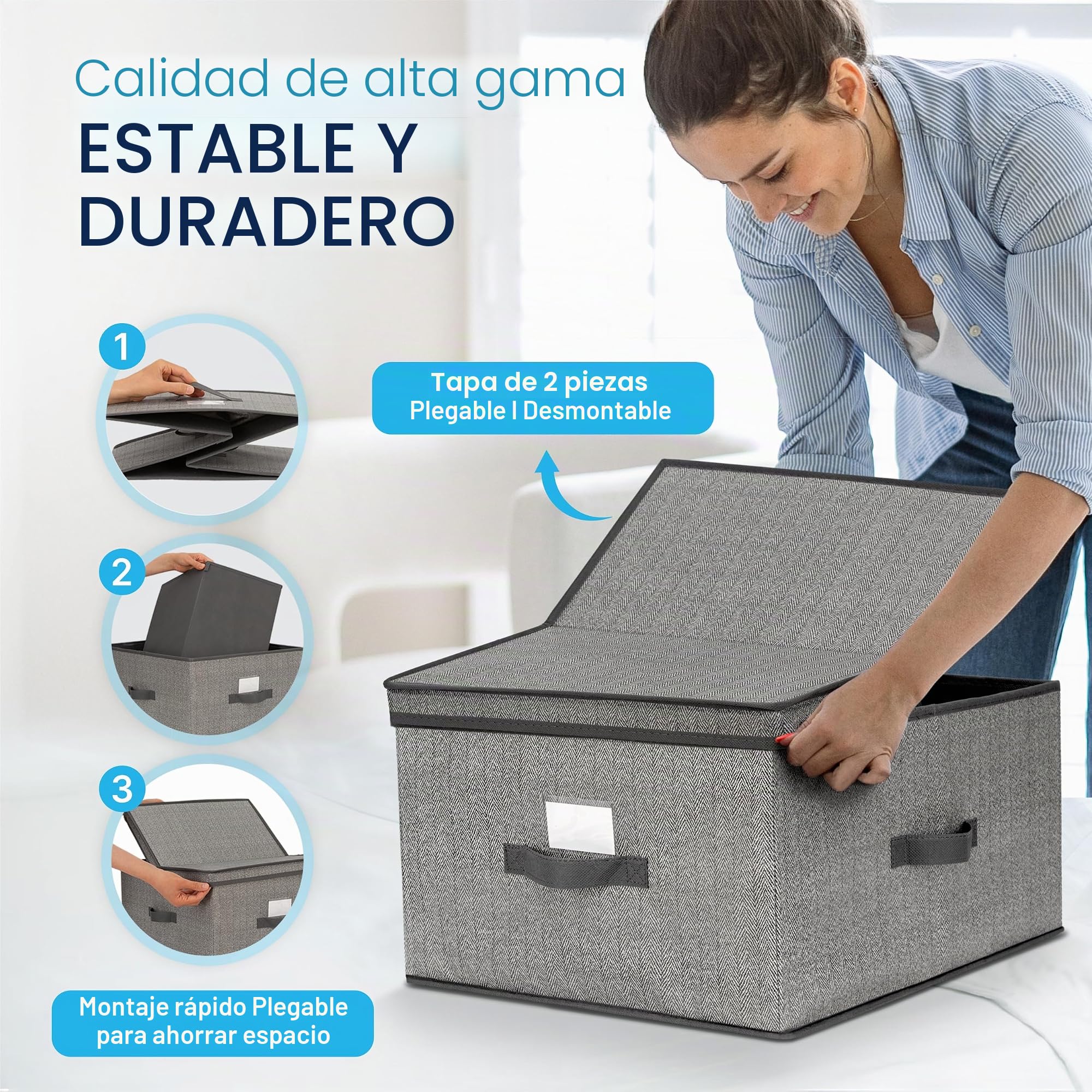 TOPP4u Gran caja de almacenamiento con tapa, 2 x – 40 x 50 x 25 cm – 50 l – caja plegable extra grande para armario y estantería – gris beige – juego de 2 piezas