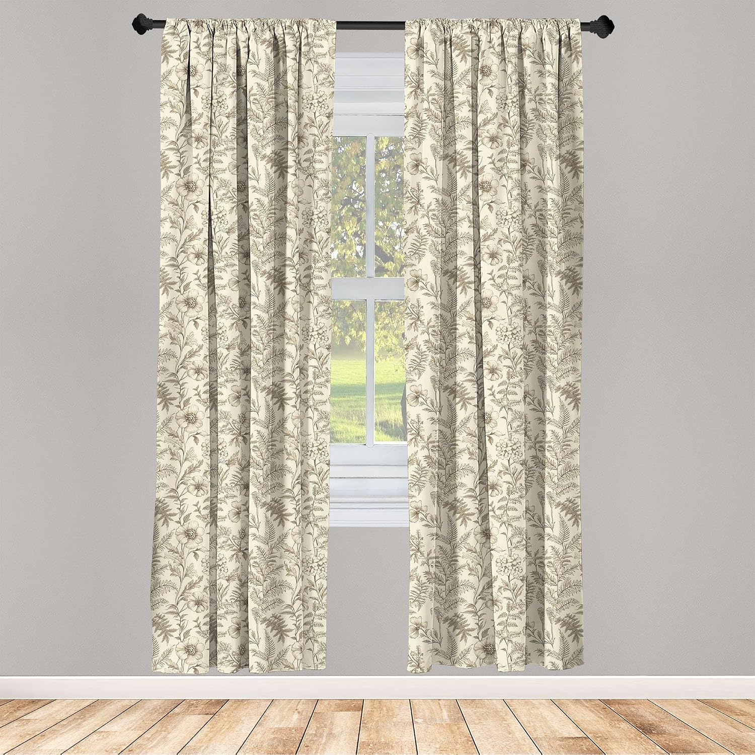 Lunarable Farmhouse Window Curtain Panels 4 Pack, Classic Rustic Scenario of Neutral Tone Cottagecore Leaves and Floral Boho, Lightweight Set with Rod Pocket, 4 Panels of - 28"x63", Eggshell Dark Tan