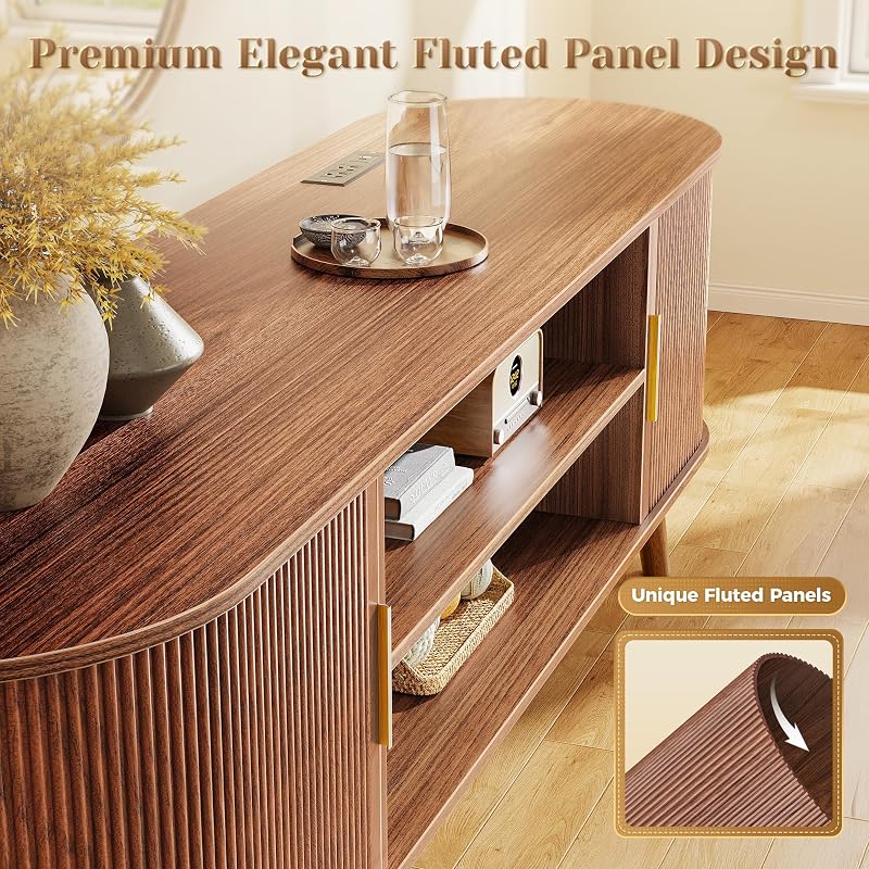 PRAISUN 63 Inch Fluted TV Stand for TVs up to 55, 65 Inch, TV Media Console with Power Outlets and USB-C Port, Entertainment Center with Storage, Curved Sliding Doors, Adjustable Shelf, Brown image 7