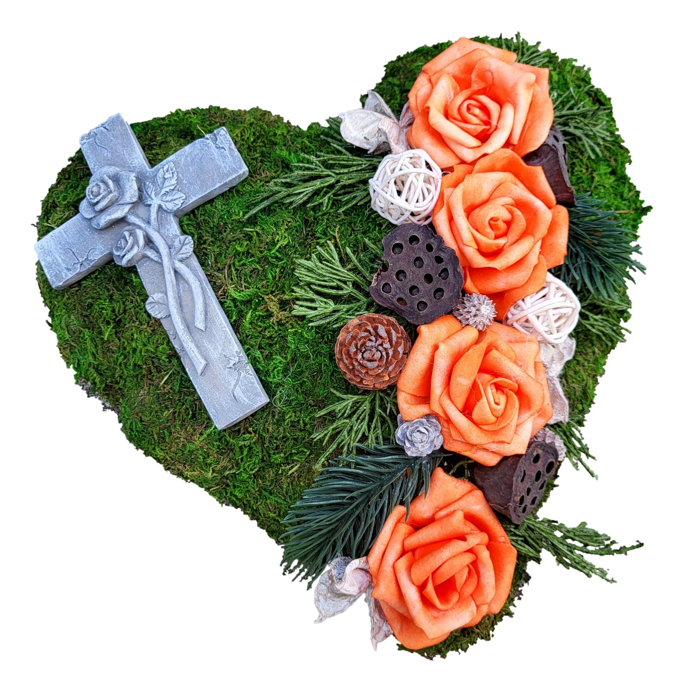 Grabherz mit Kreuz 30 cm Moos orange Rosen wetterfest | Würdevolle Grabdekoration für Friedhof, Grabstätte Allerheiligen und Totensonntag